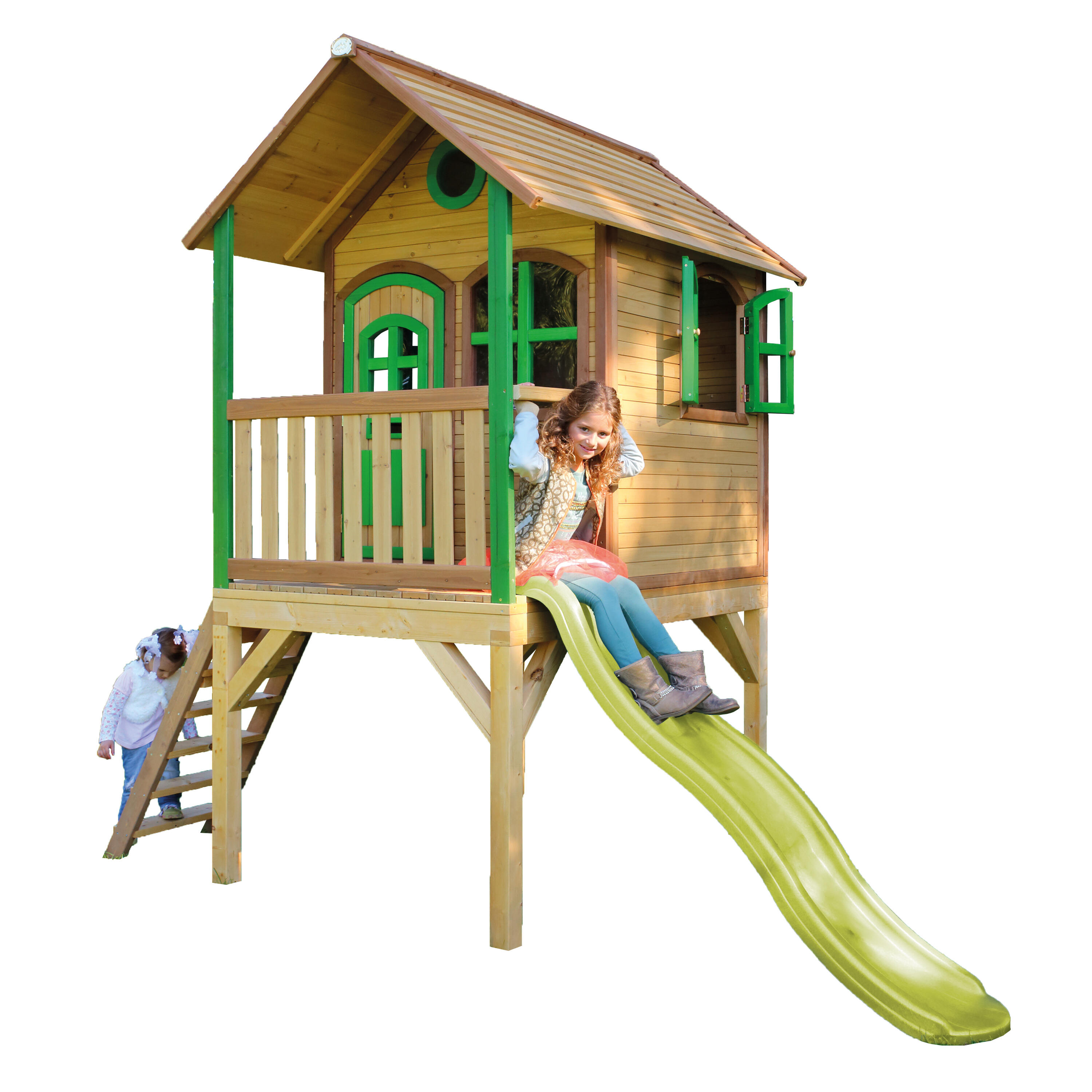 Maisonnette de jardin Laura Marron/Verte – Toboggan Vert Citron 2/7