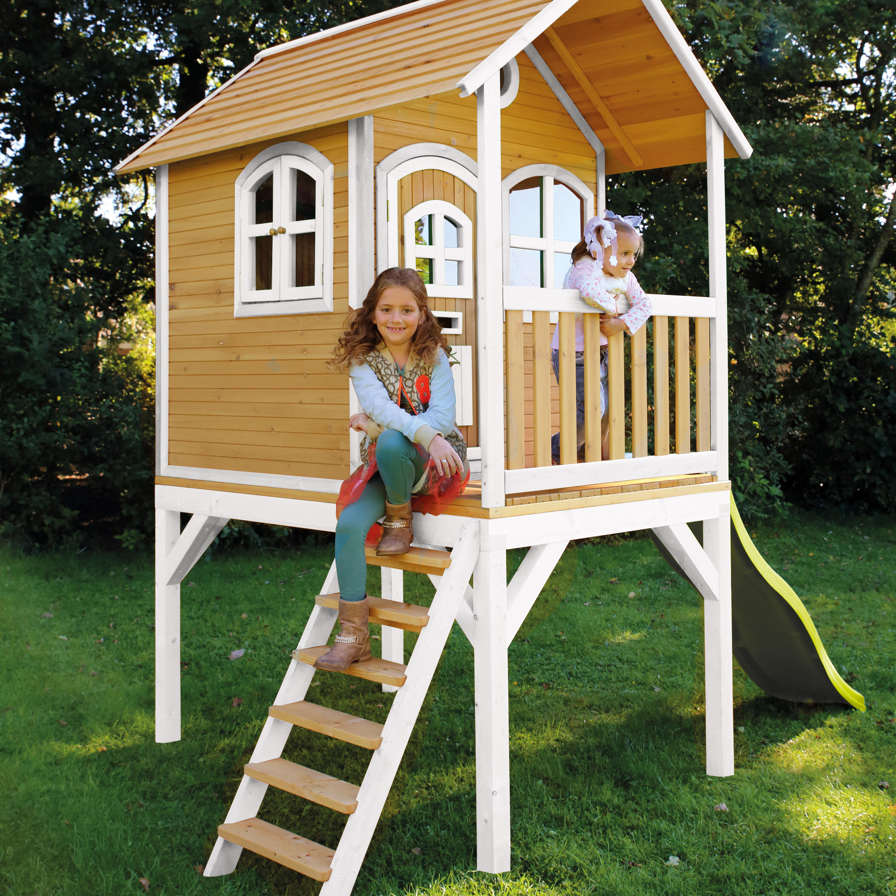 Maisonnette de jardin Laura Marron/Blanche – Toboggan Vert Citron 5/7