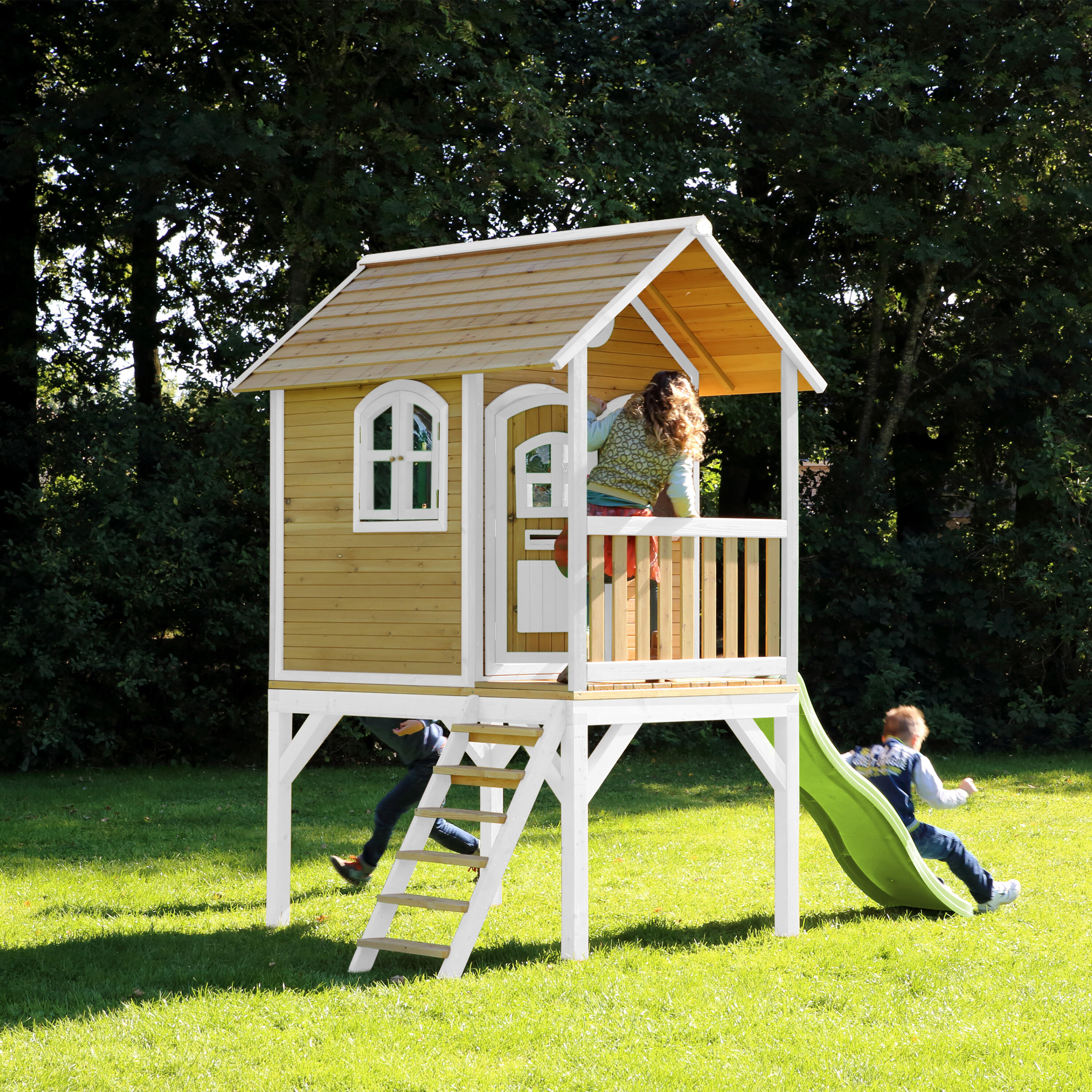 Maisonnette de jardin Laura Marron/Blanche – Toboggan Vert Citron 4/7