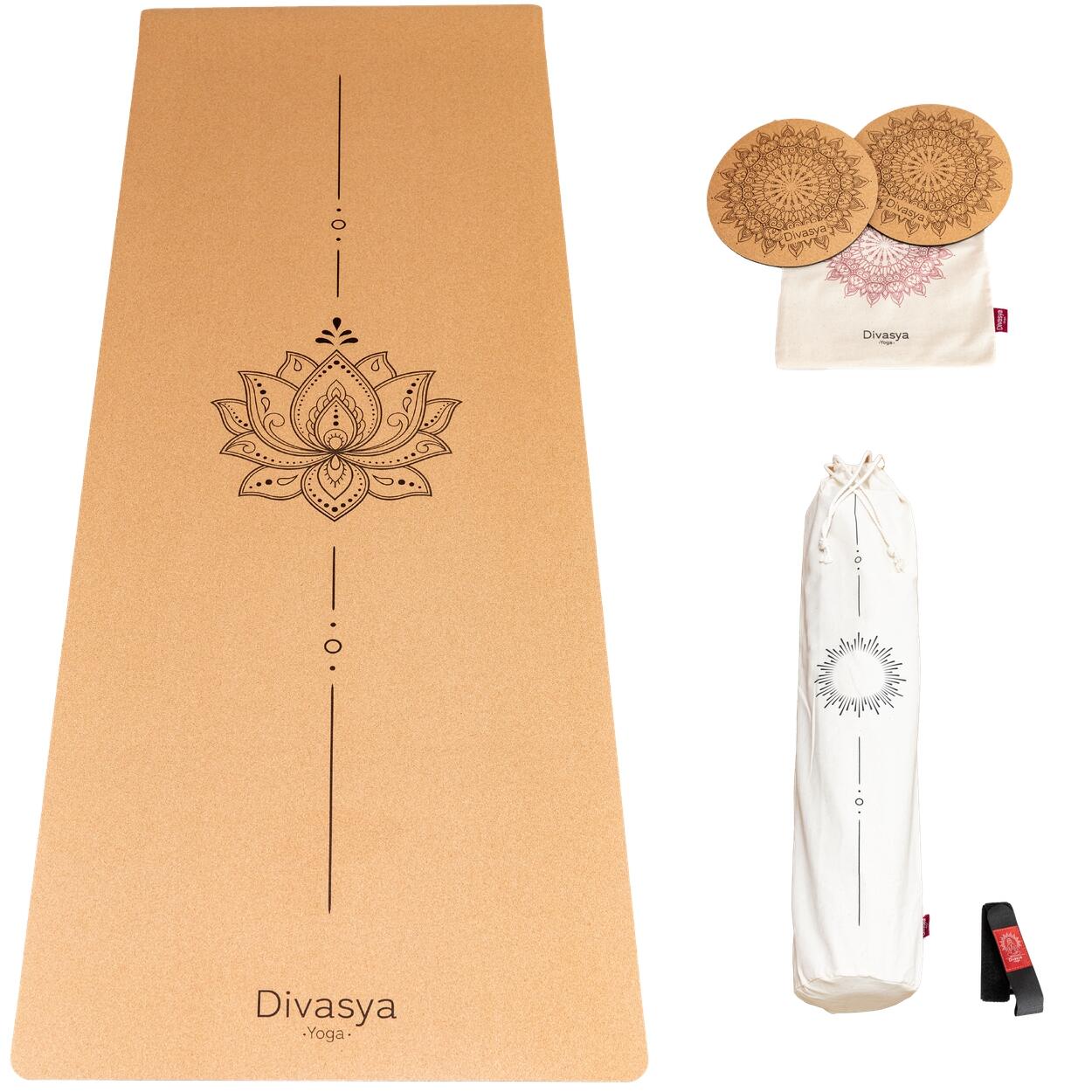 DIVASYA Kork Yogamatte Komfort-Set mit 2 Knie Pads, LOTUS Design
