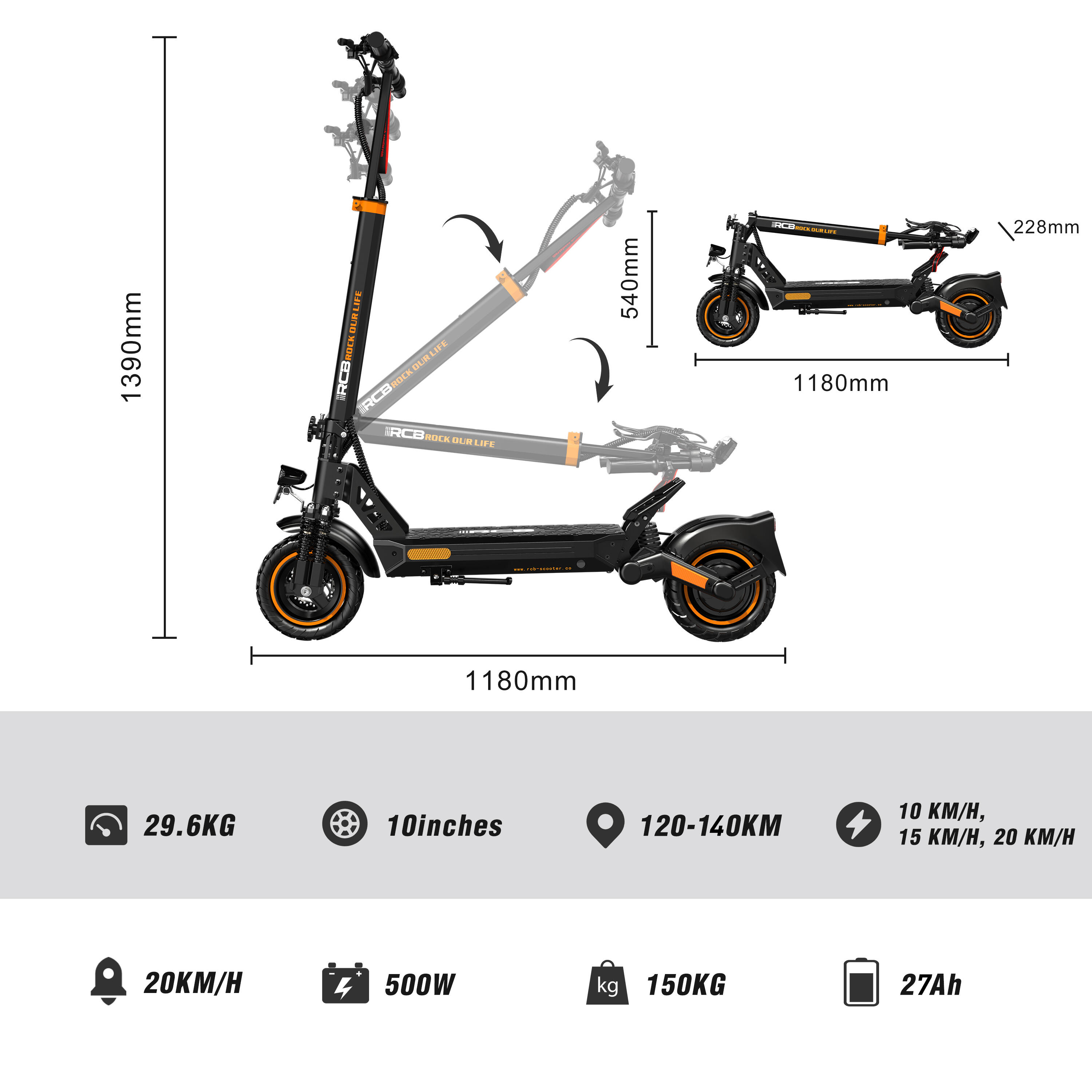 Elektroroller mit ABE, 500W, 27Ah, 120–140km, 10" Offroad – RCB D5 PRO 6/6