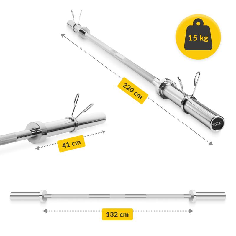 Bară dreaptă pentru antrenament de forță 4FIZJO cu siguranțe tip arc, 220 cm