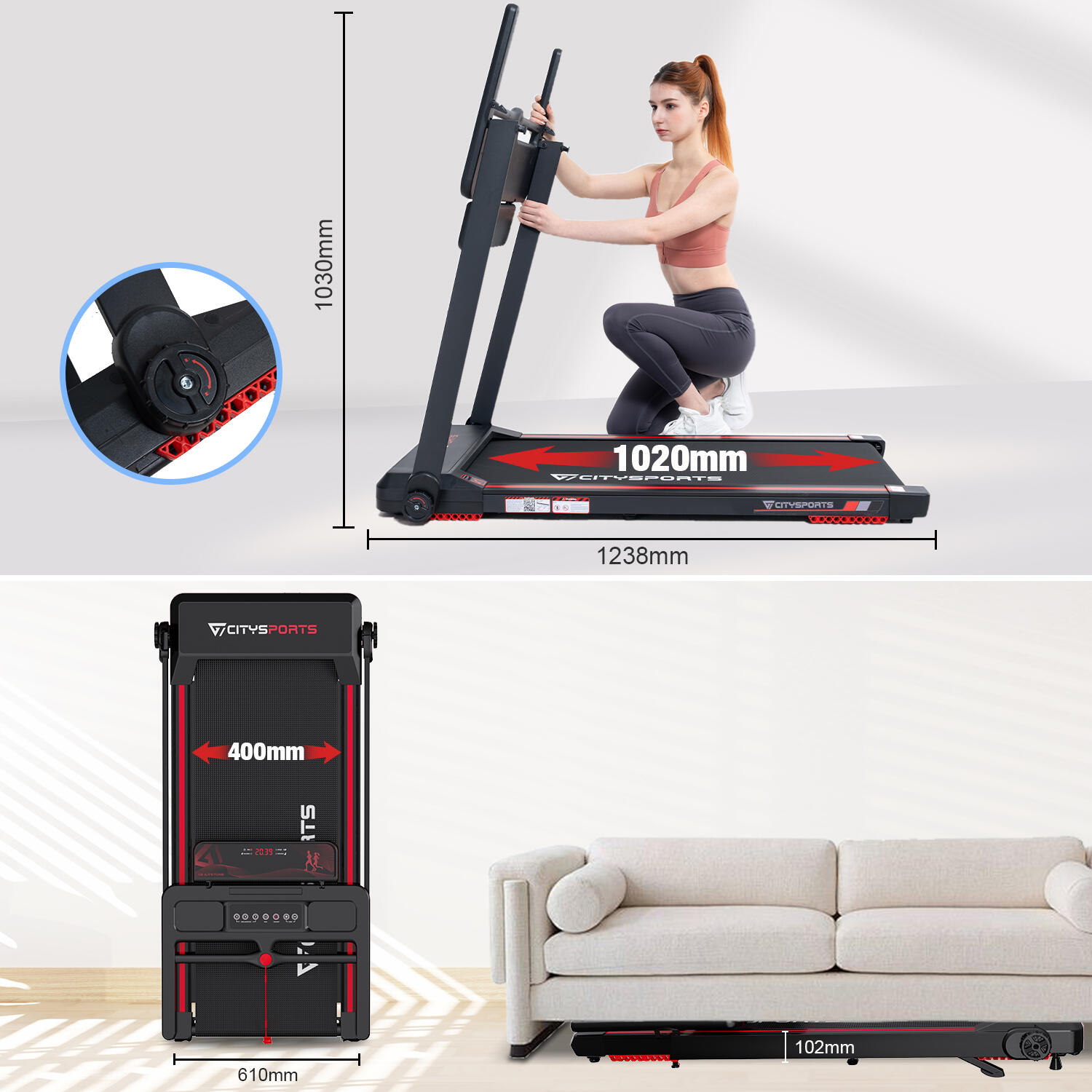 Klappbares Laufband, CITYSPORTS WP9, 1400W, APP, Bluetooth, 1-12 km/h, schwarz 3/7