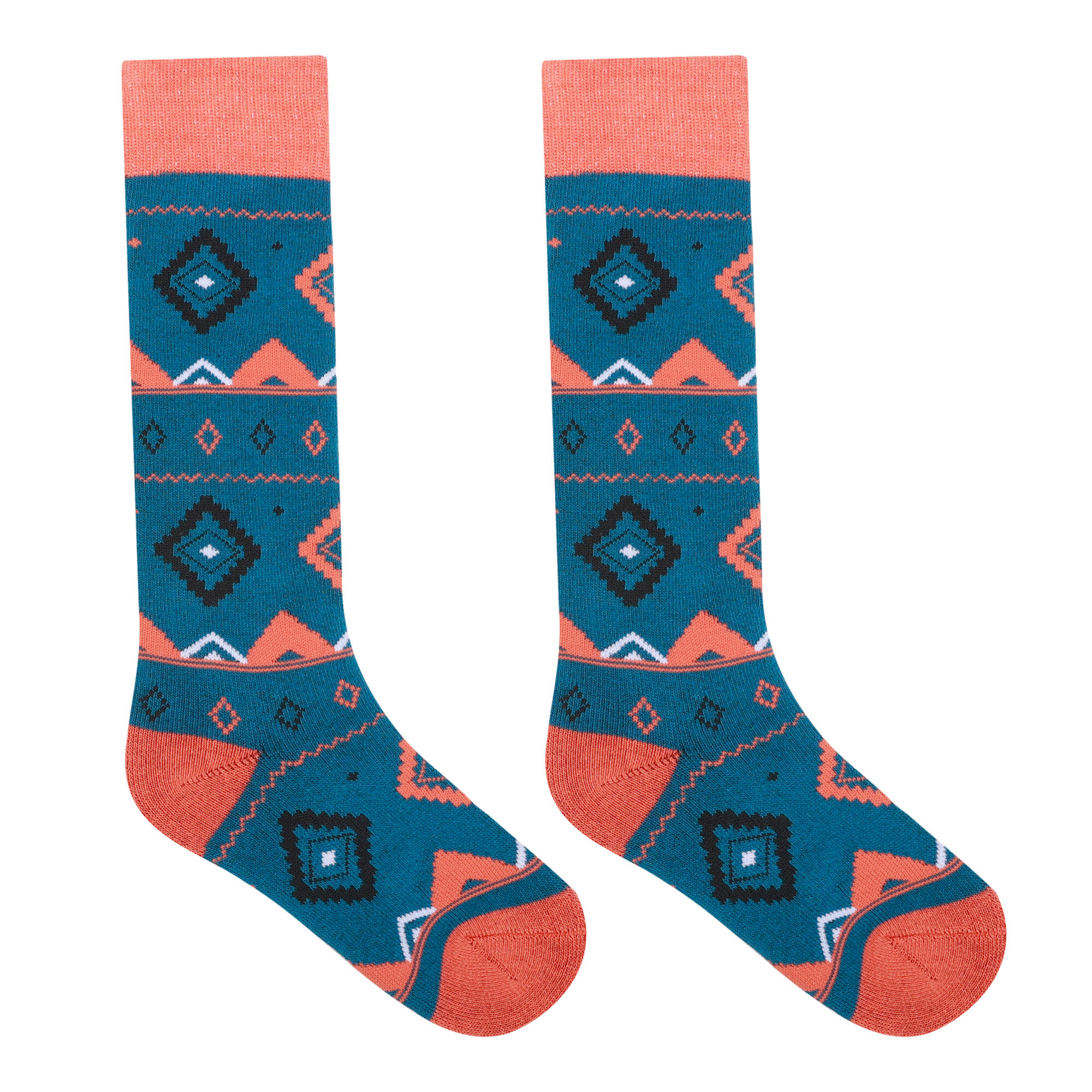 Childrens/Kids Fair Isle Ski Socks (Kingfisher Blue/Orange Rust) 3/4