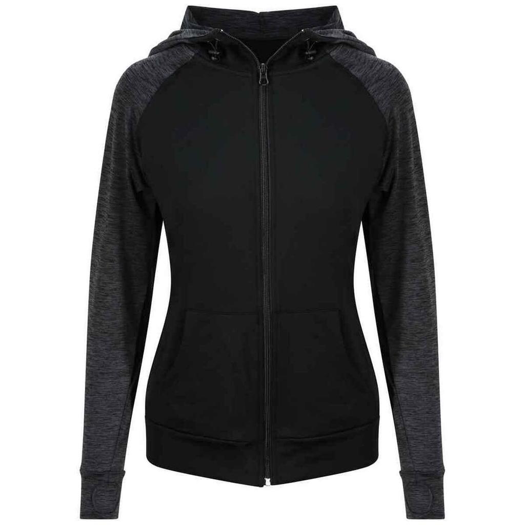 Womens/Ladies Cool Contrast Full Zip Hoodie (Black/Black Slate Melange)