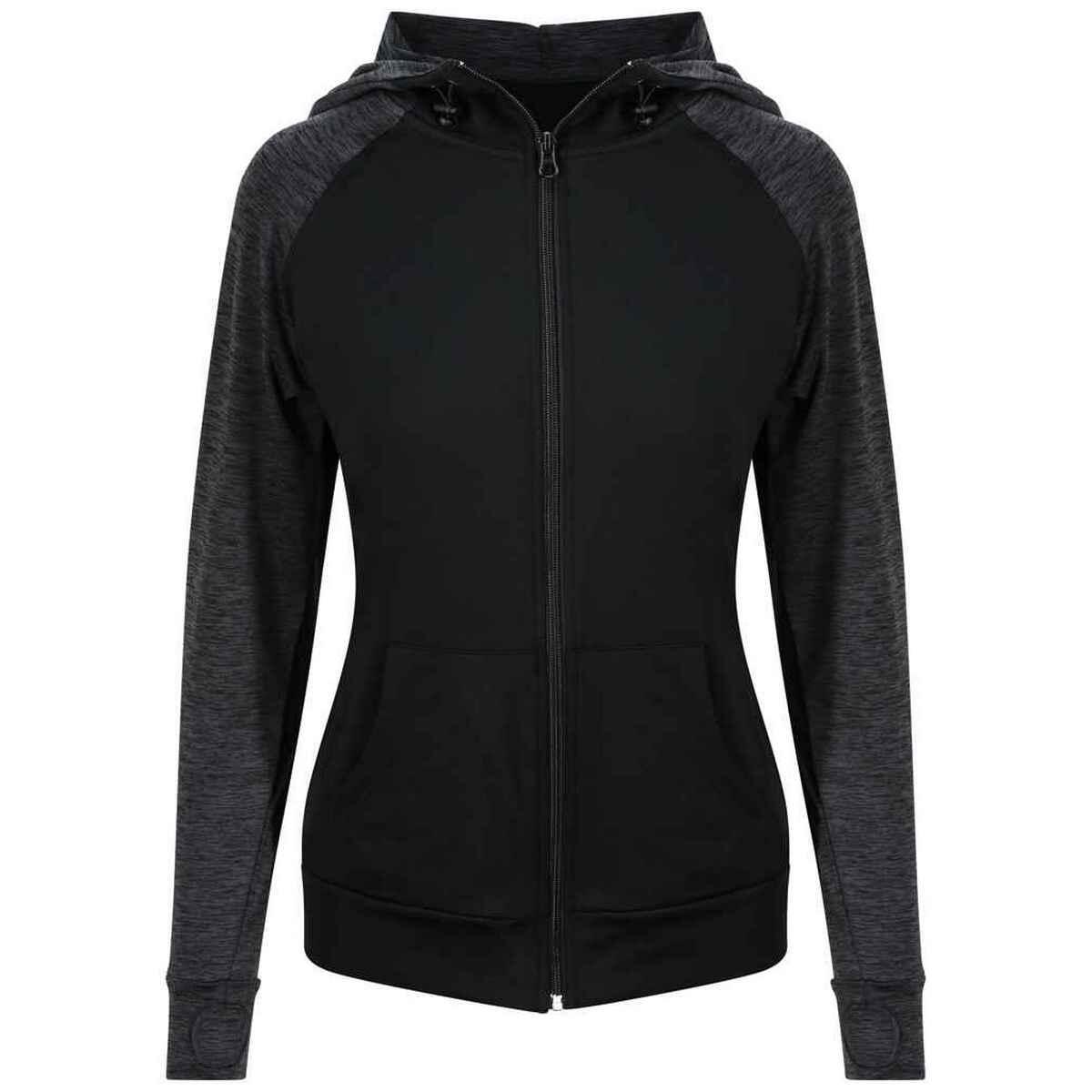 JUST COOL Dames Cool Contrast Full Zip Hoodie (Zwart/Zwart gemêleerd)