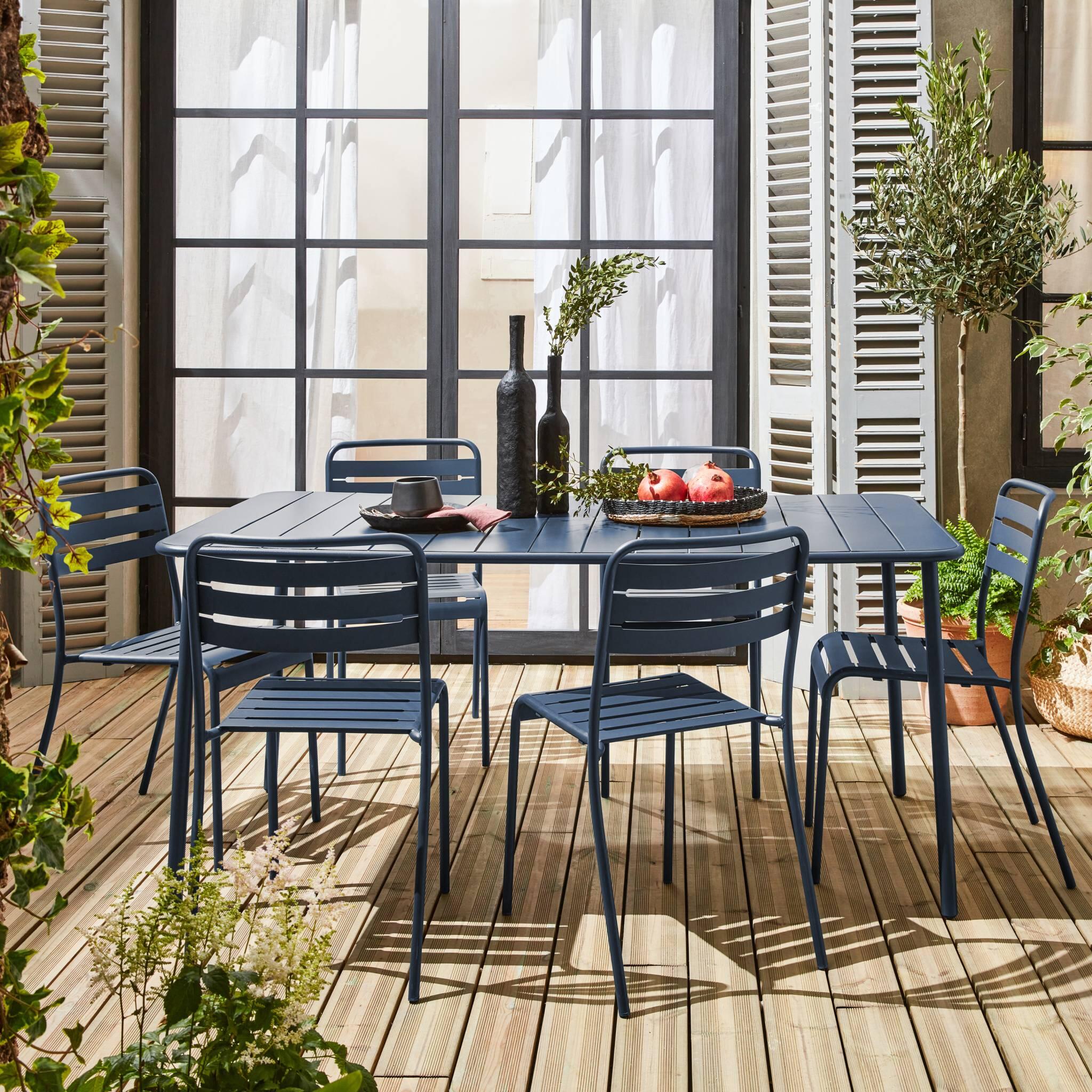 Mesa de jardim em metal com 6 cadeiras, Bleu marine 2/6