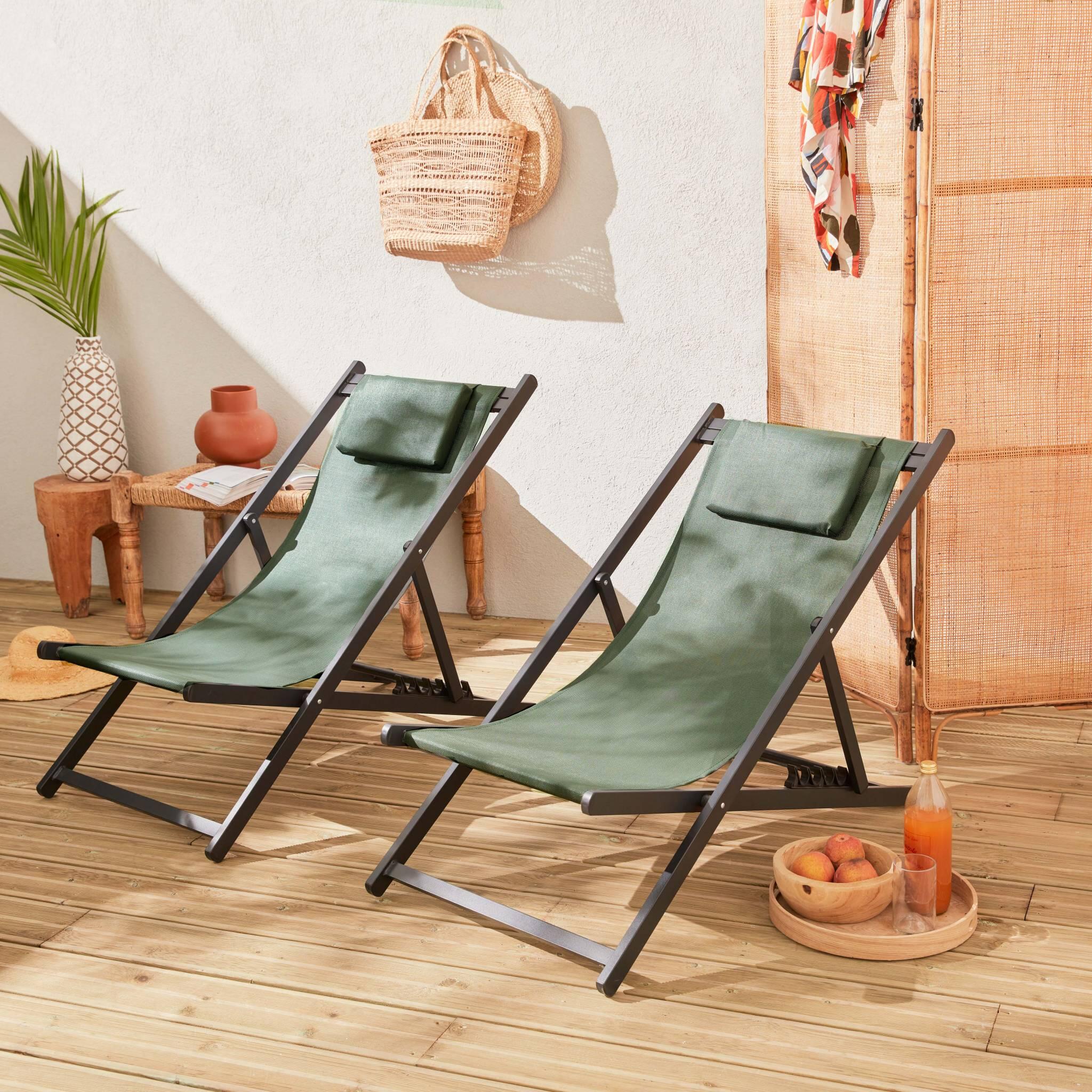 Espreguiçadeira de alumínio multi posições, set de 2, Verde caqui 2/6