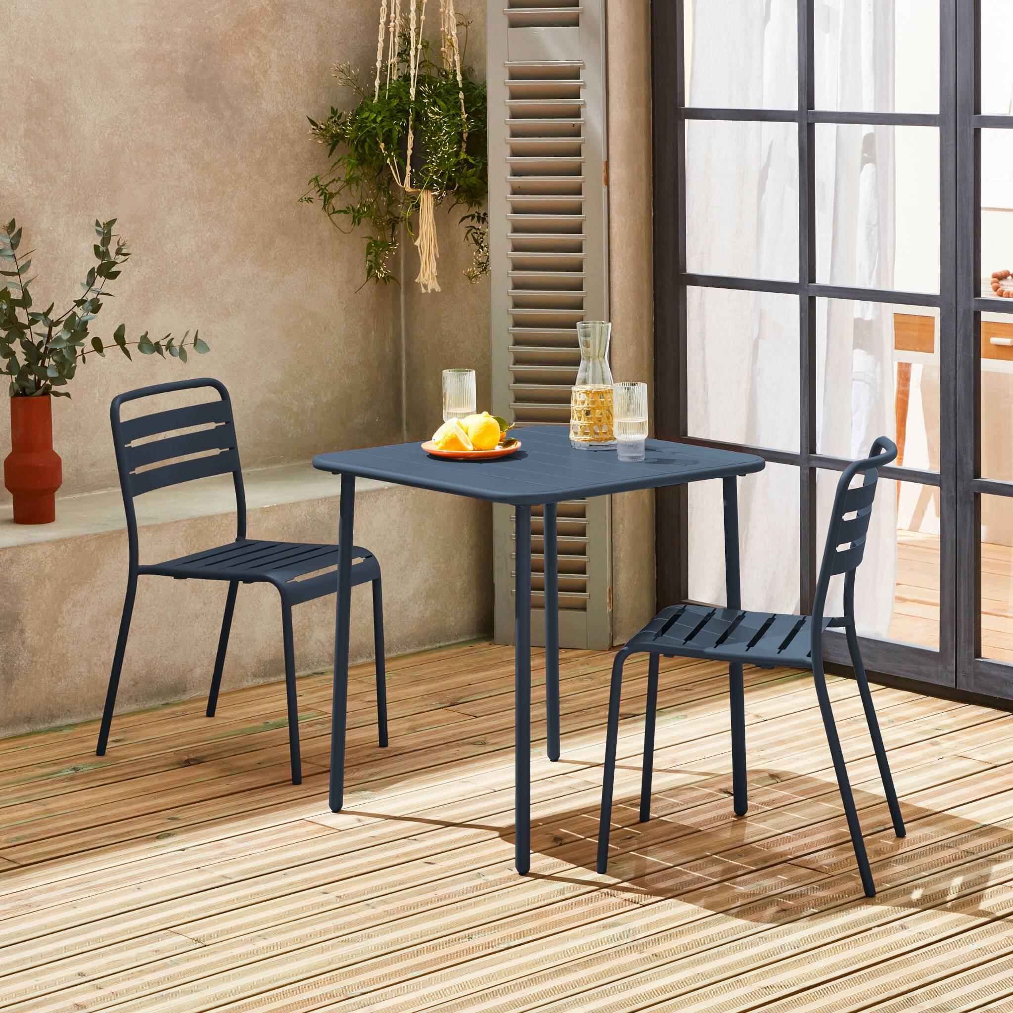 Set mesa de jardín bistró de acero con 2 sillas, 70 cm, Azul marino 2/6