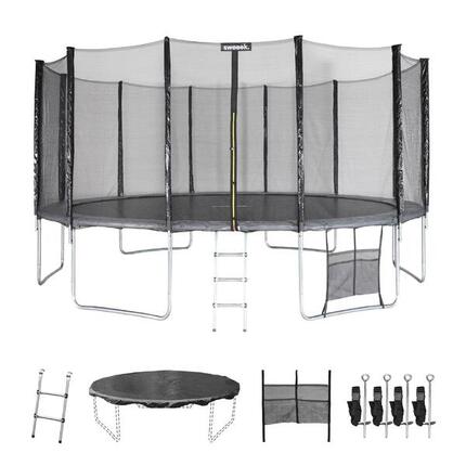 Trampoline 490cm gris filet, échelle, bâche, kit d'ancrage| sweeek