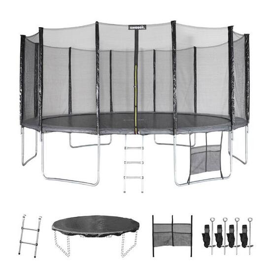 Trampoline 490cm gris filet, échelle, bâche, kit d'ancrage| sweeek