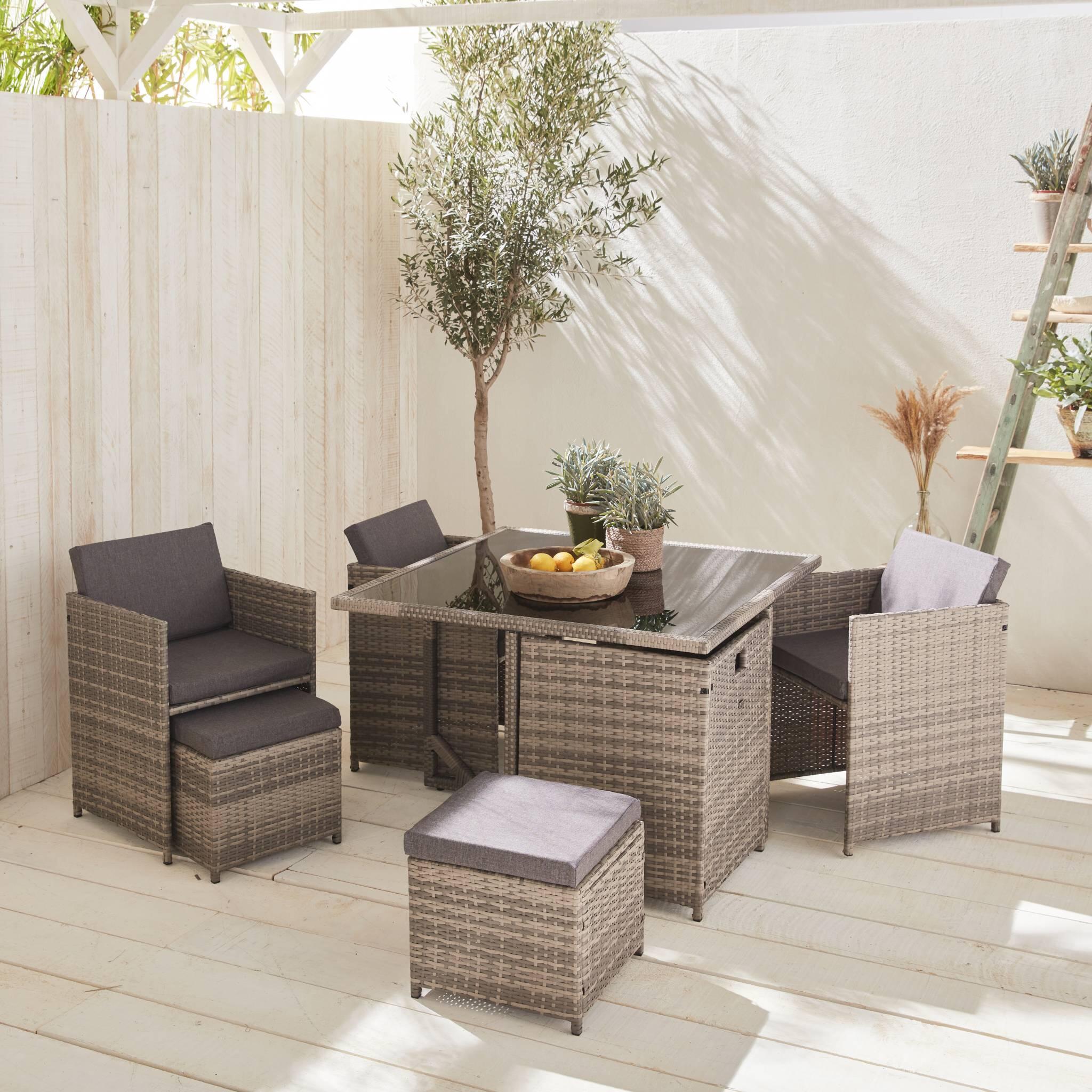 Mesa de jardim embutida em resina tecida, 8 cadeirões, Tons de cinza 2/6