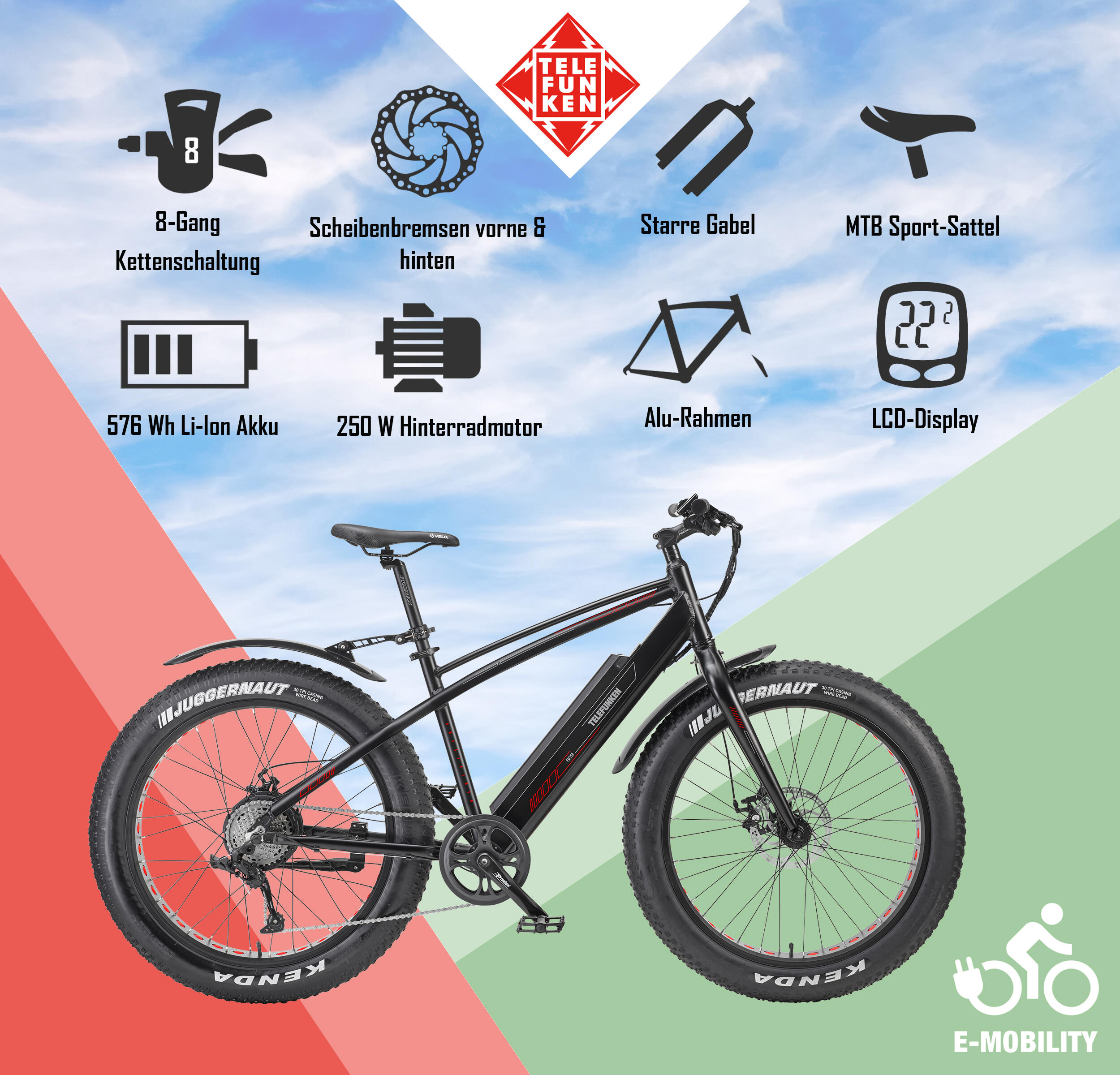 E-Bike FM350 26 Zoll 8-Gang Pedelec Fatbike Mountainbike E-MTB 576 Wh schwarz 5/6
