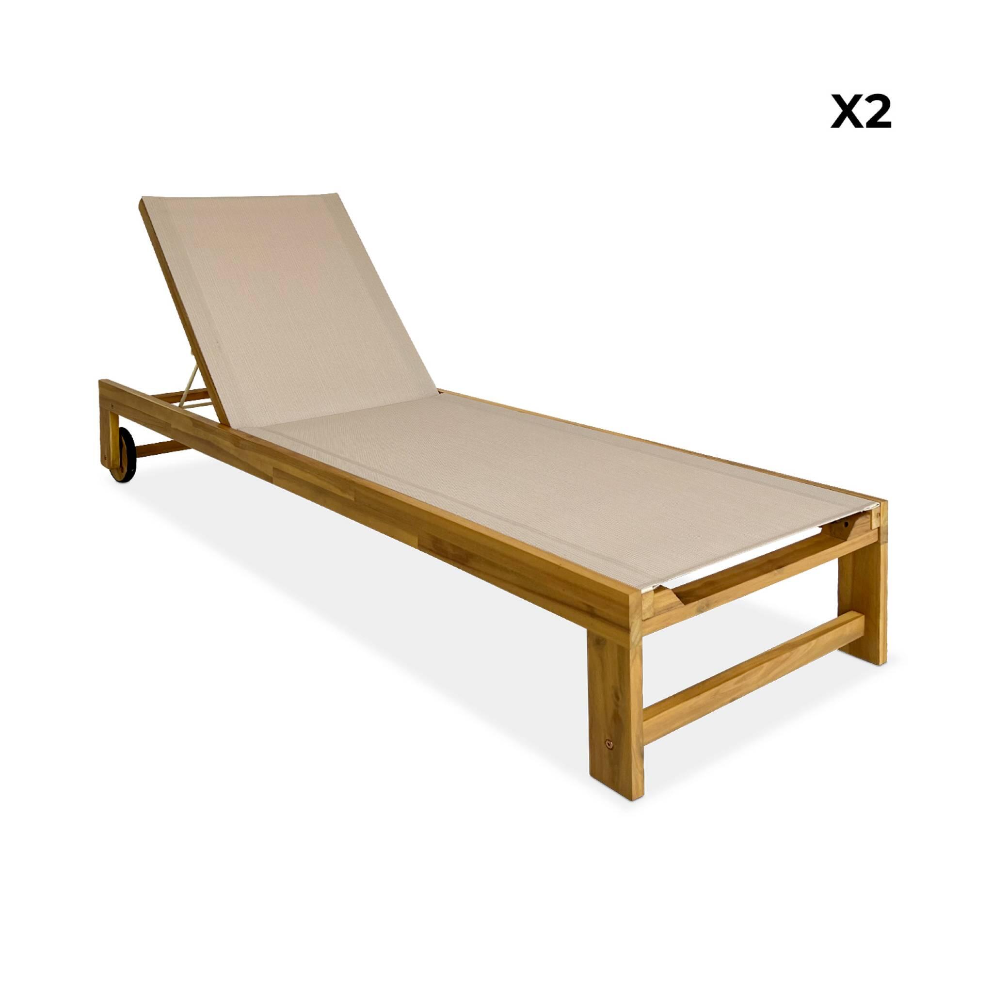 Tumbona de madera de acacia, multiposición, con ruedas, set de 2, Beige 4/6