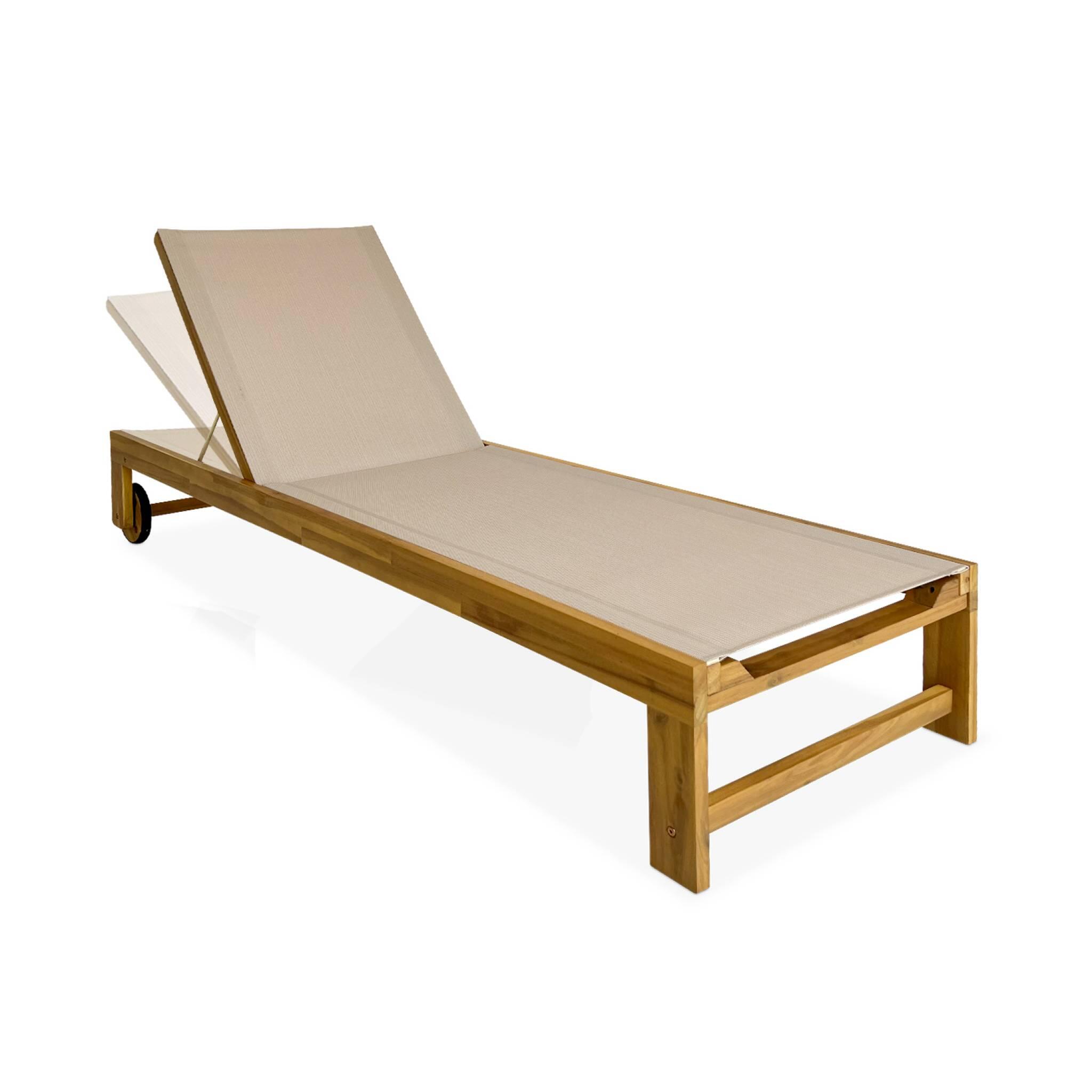 Tumbona de madera de acacia, multiposición, con ruedas, set de 2, Beige 5/6