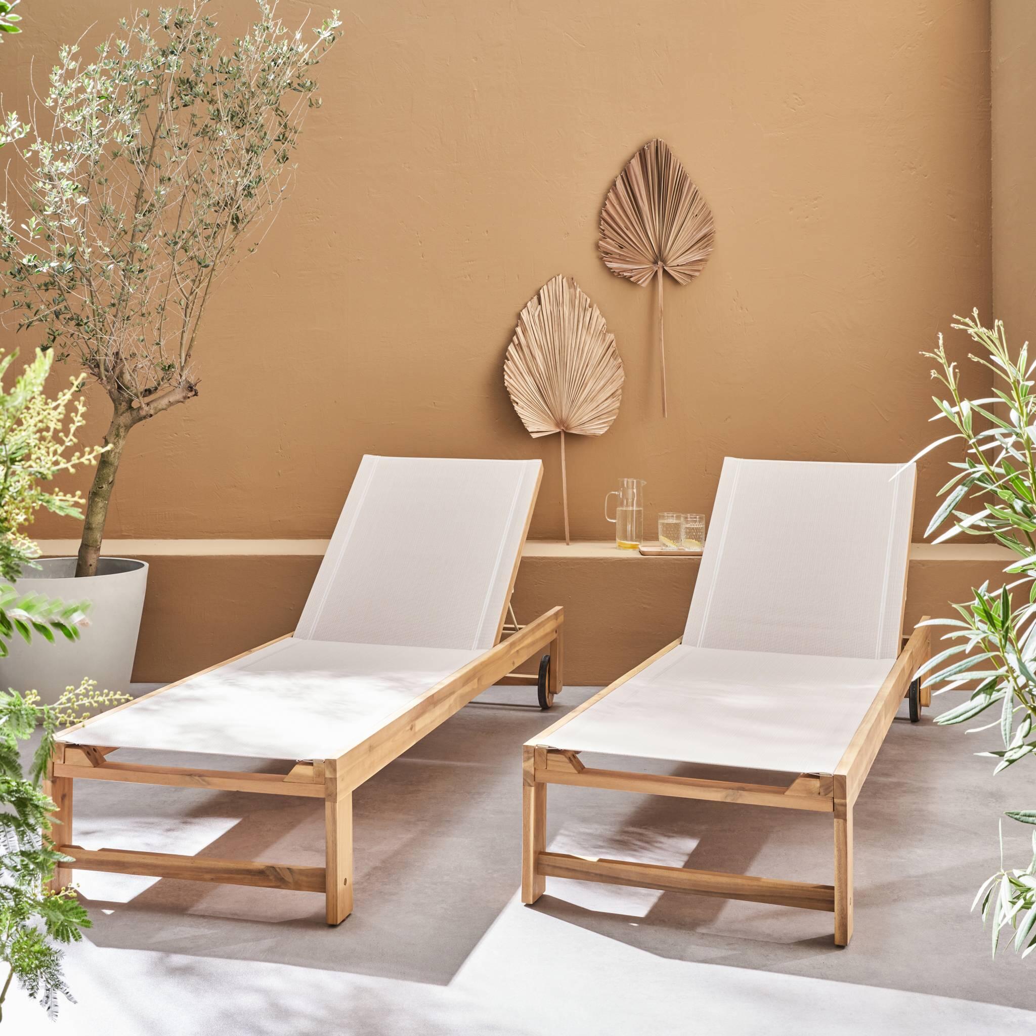 Tumbona de madera de acacia, multiposición, con ruedas, set de 2, Beige 2/6