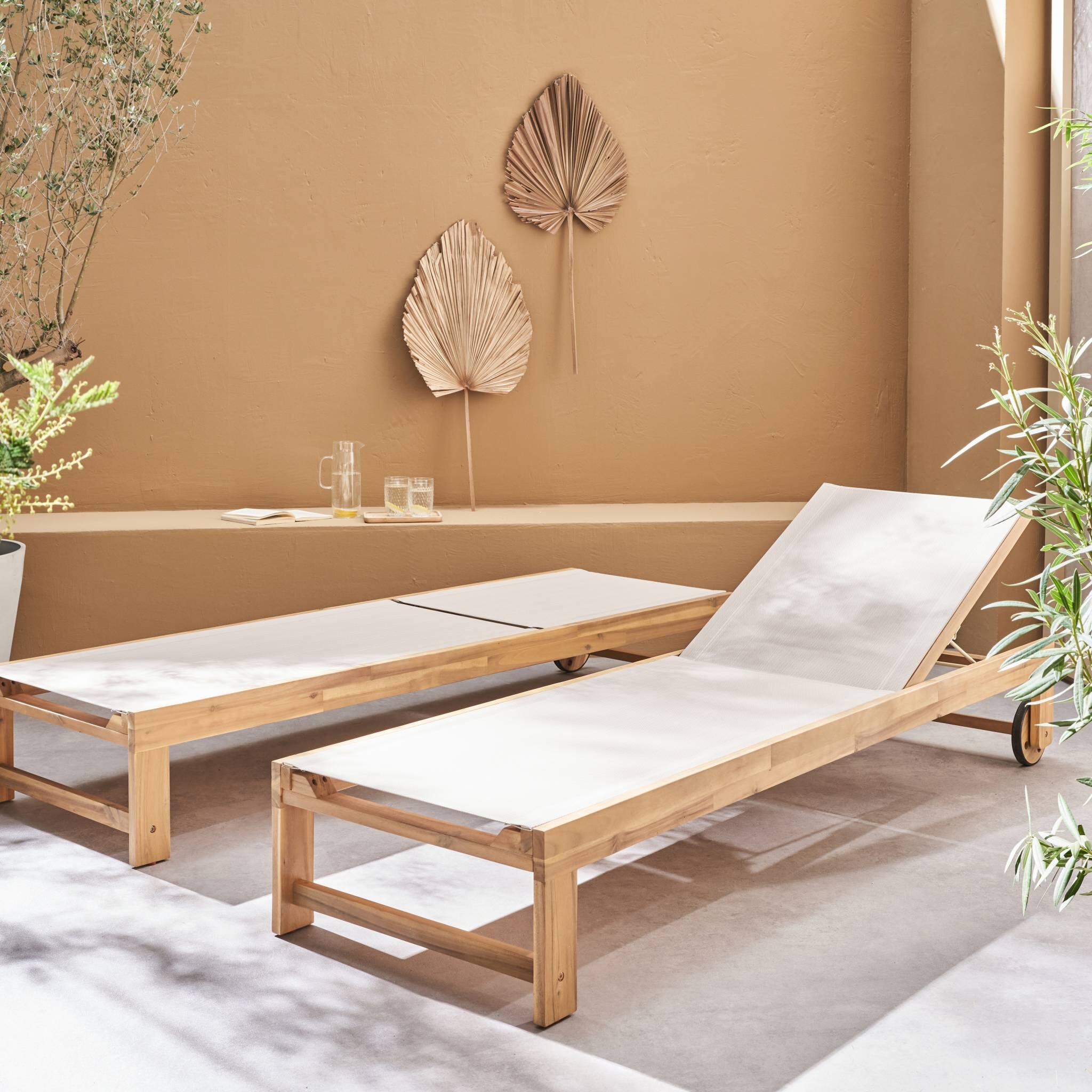 Tumbona de madera de acacia, multiposición, con ruedas, set de 2, Beige 3/6