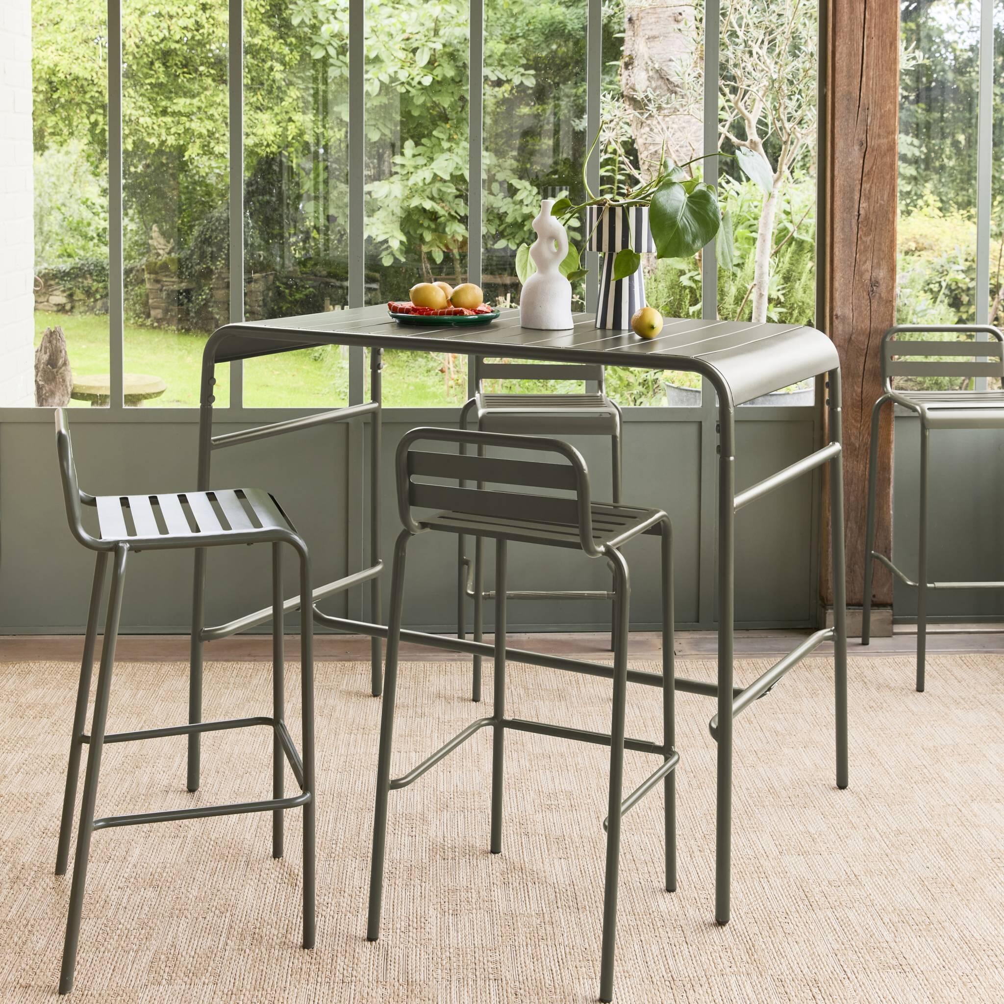 Mesa alta de jardim, 4 cadeiras altas de aço, Verde caqui 2/6
