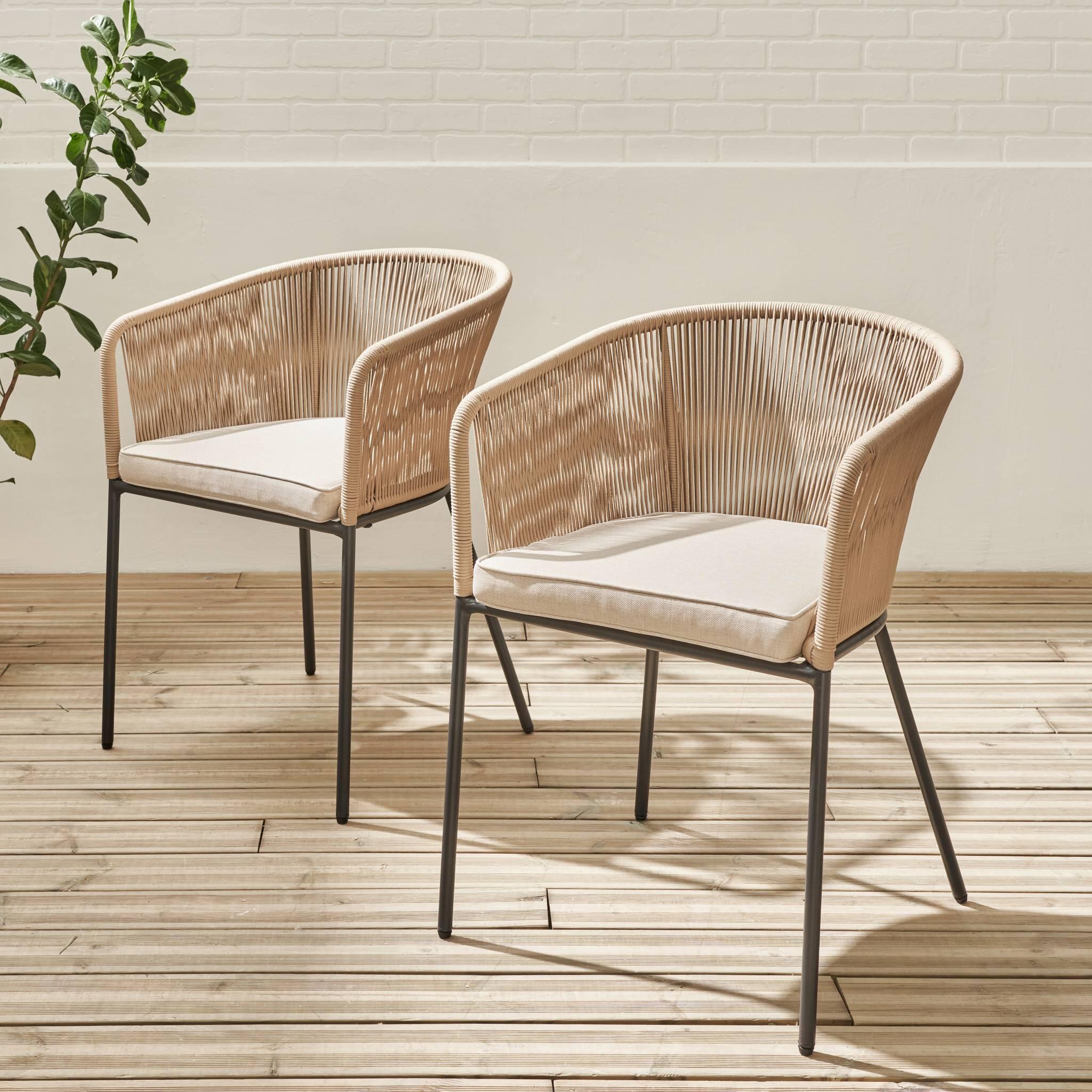 Cadeirão de jardim em corda e aço galvanizado, set de 2, Beige 3/6