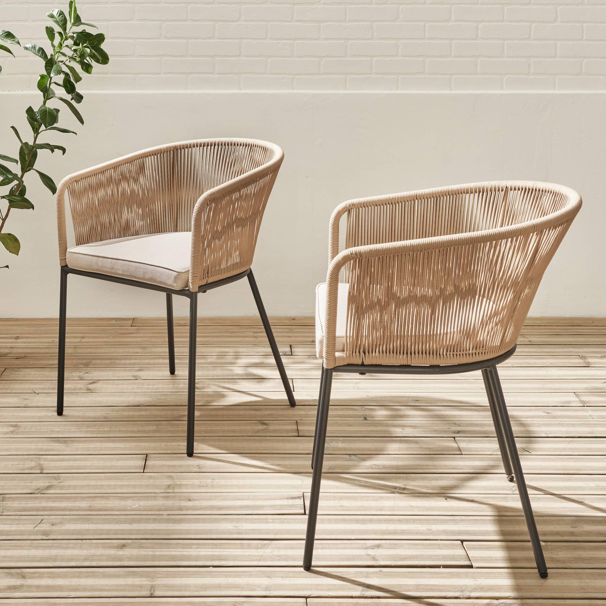 Cadeirão de jardim em corda e aço galvanizado, set de 2, Beige 2/6