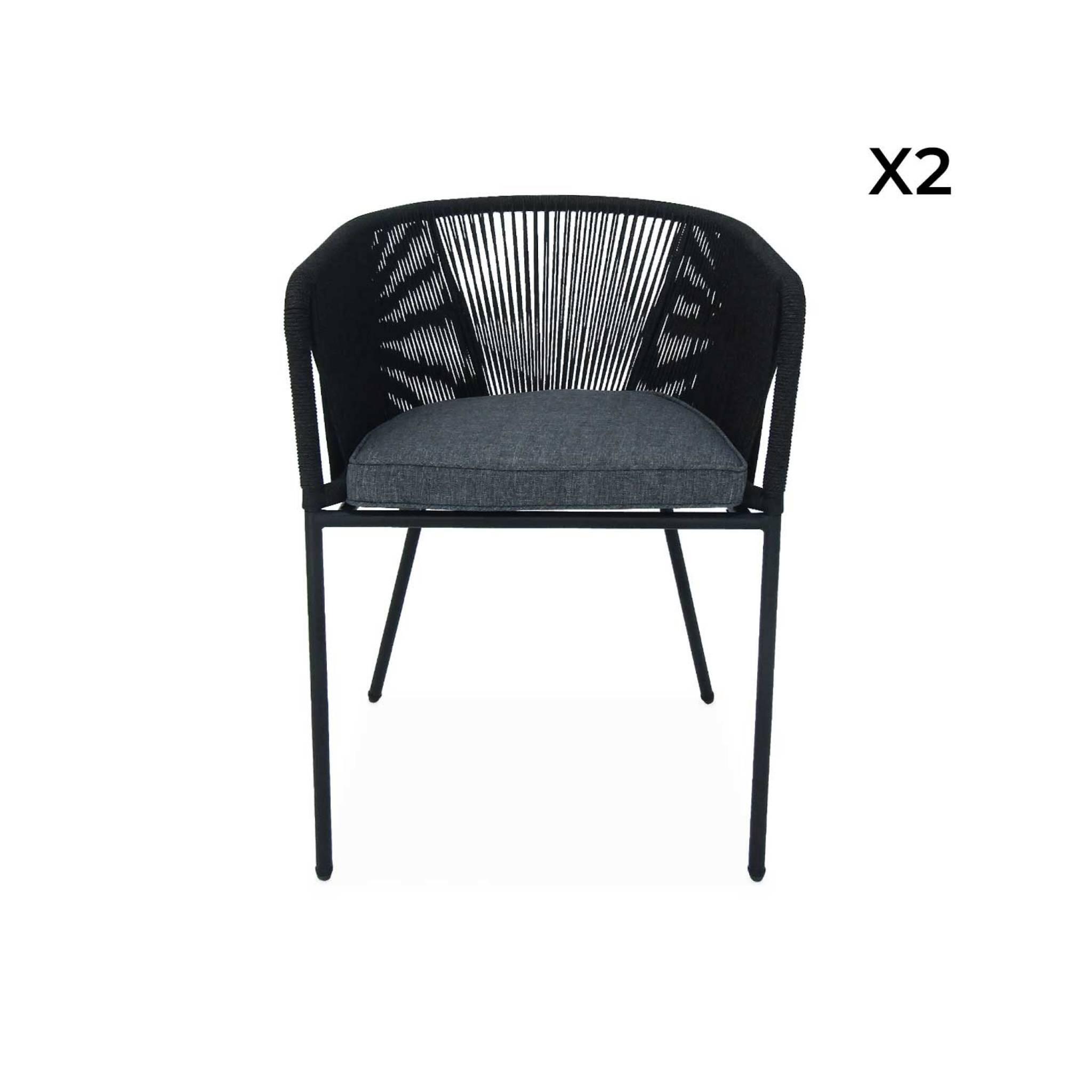 Sillón de jardín de cuerda y acero galvanizado, set de 2, Negro 4/6