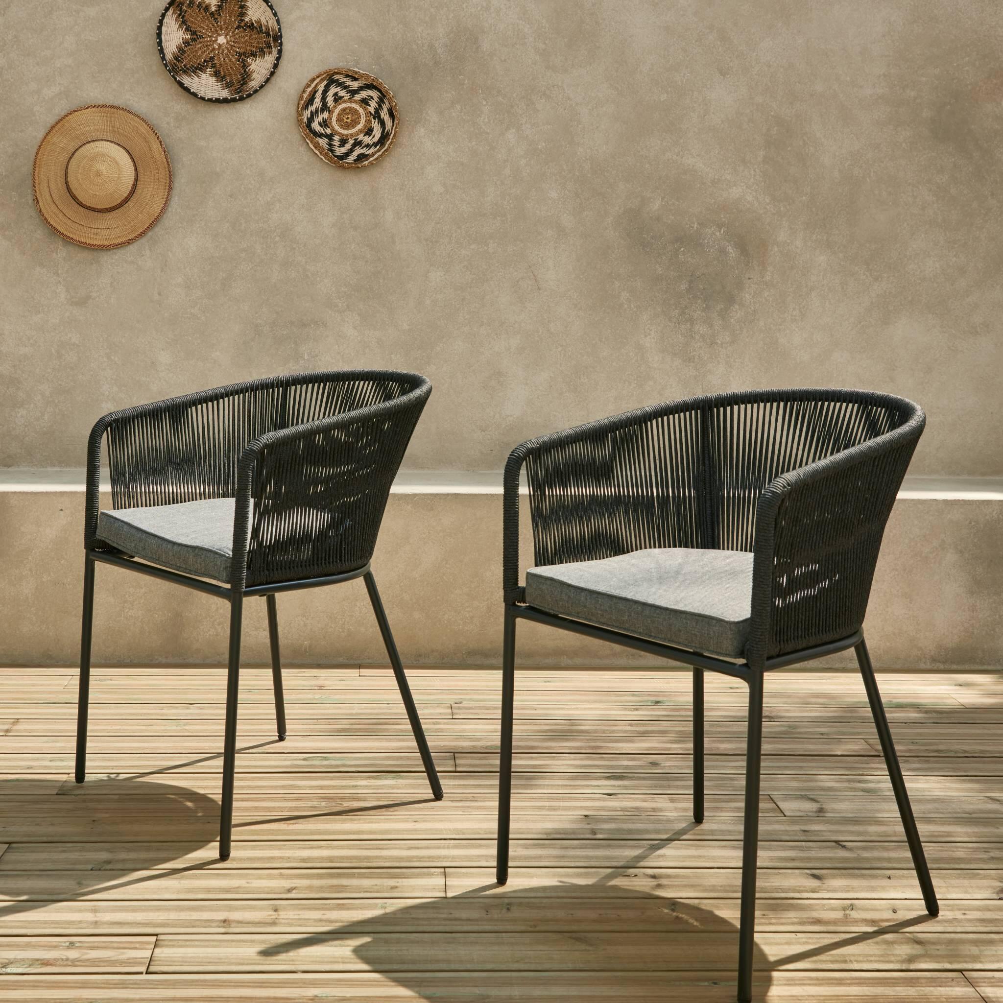 Sillón de jardín de cuerda y acero galvanizado, set de 2, Negro 2/6
