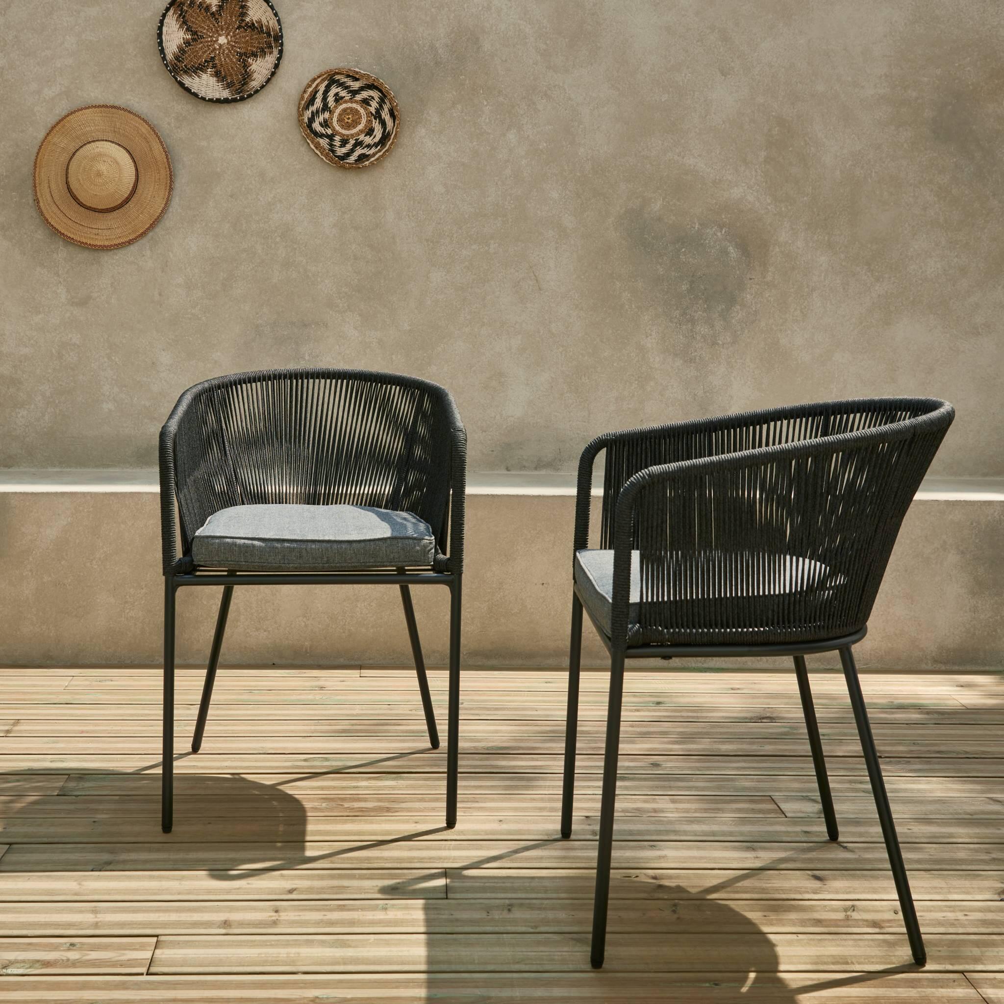 Sillón de jardín de cuerda y acero galvanizado, set de 2, Negro 3/6