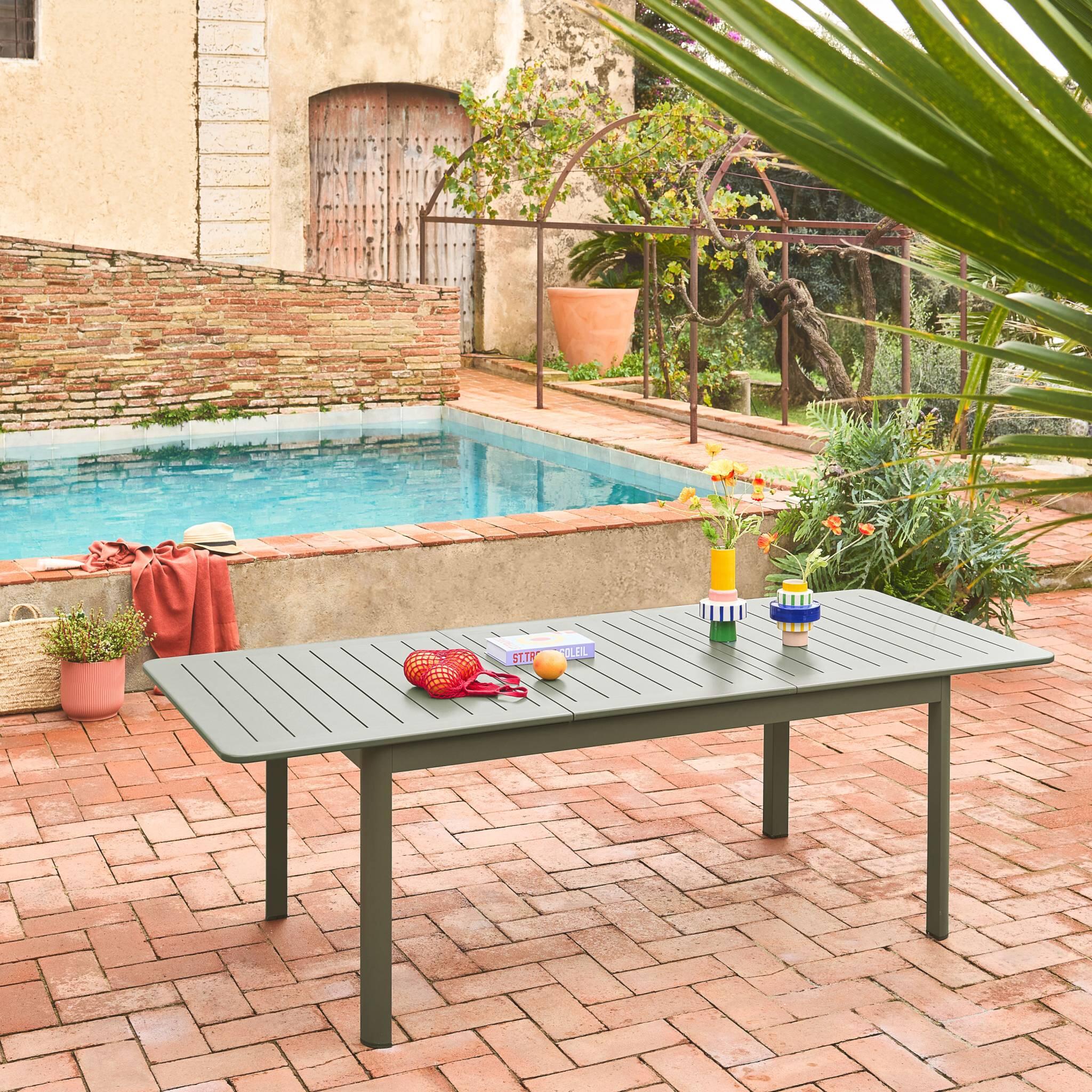 Mesa de jardín extensible de aluminio de 8 plazas, Verde kaki 2/6