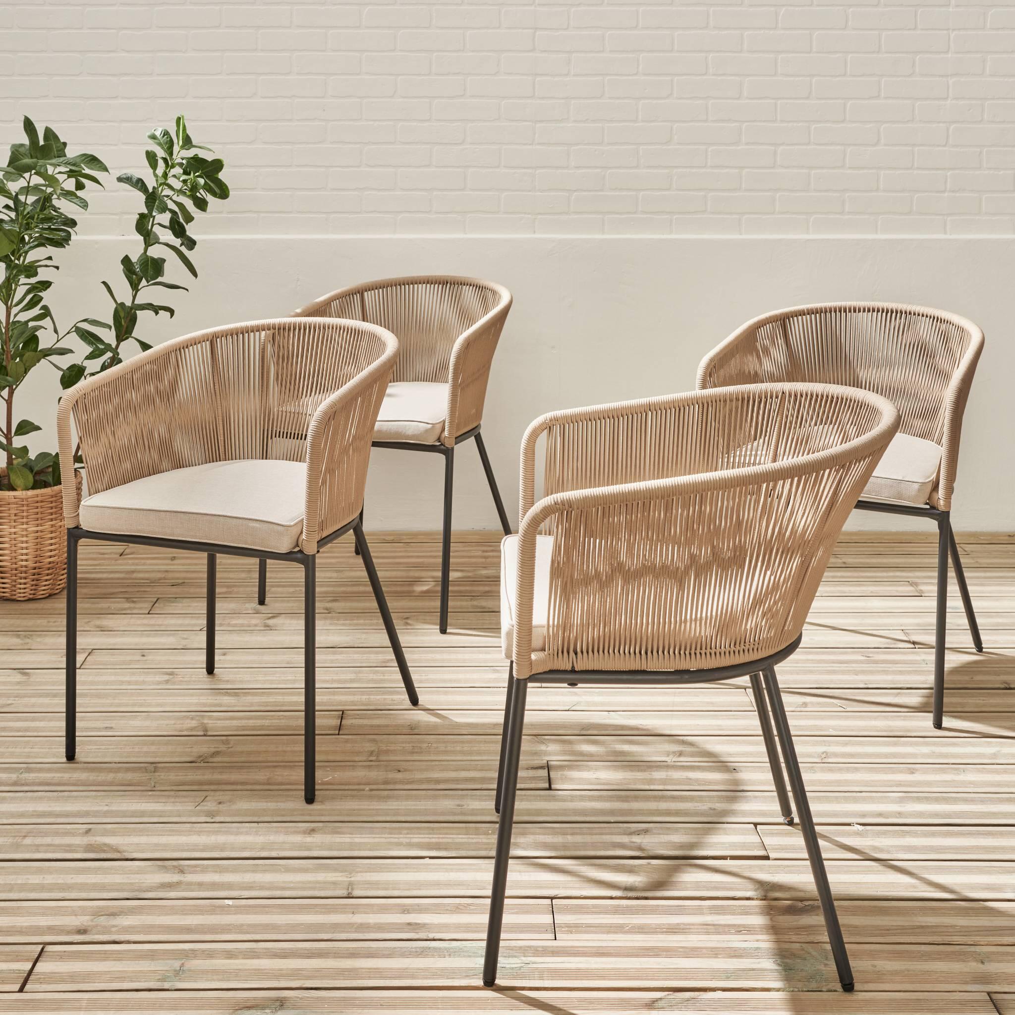 Sillón de jardín de cuerda y acero galvanizado, set de 4, Beige 3/6