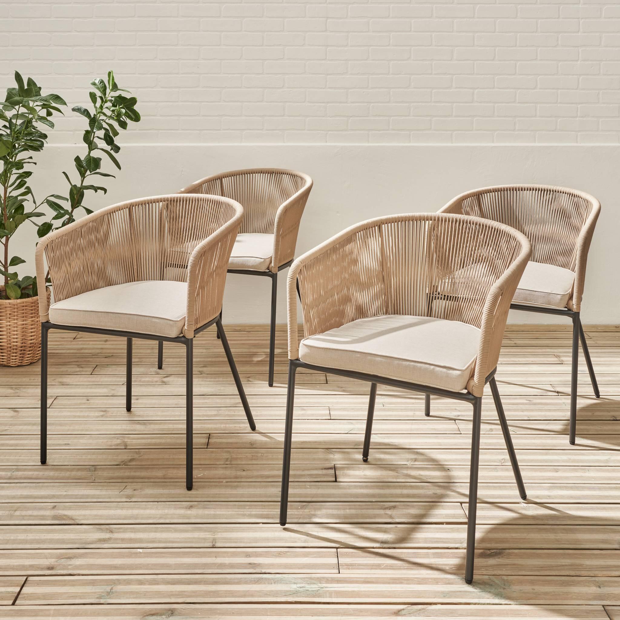 Sillón de jardín de cuerda y acero galvanizado, set de 4, Beige 2/6