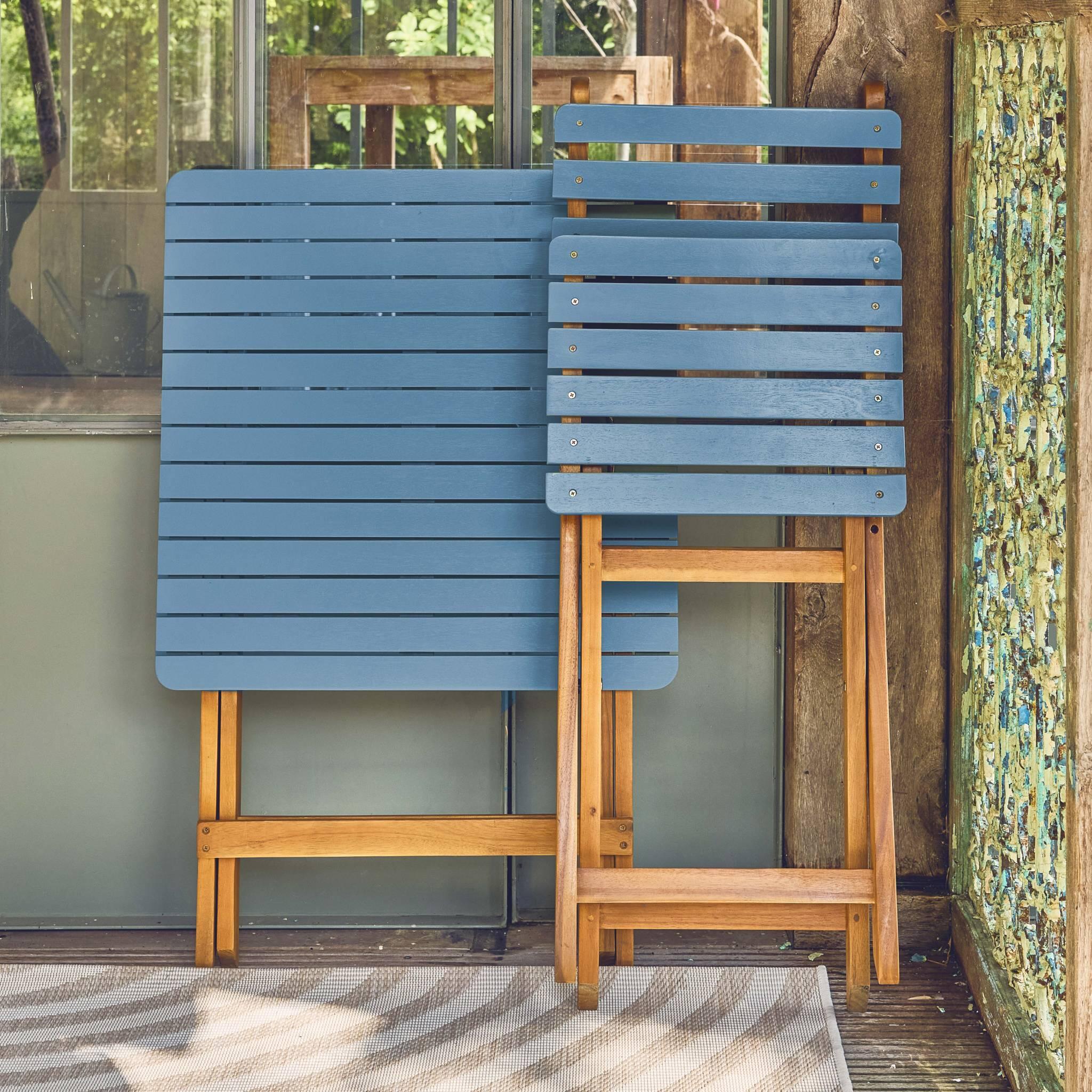 Mesa de jardim em madeira de acácia, 2 cadeiras dobráveis, Azul 3/5