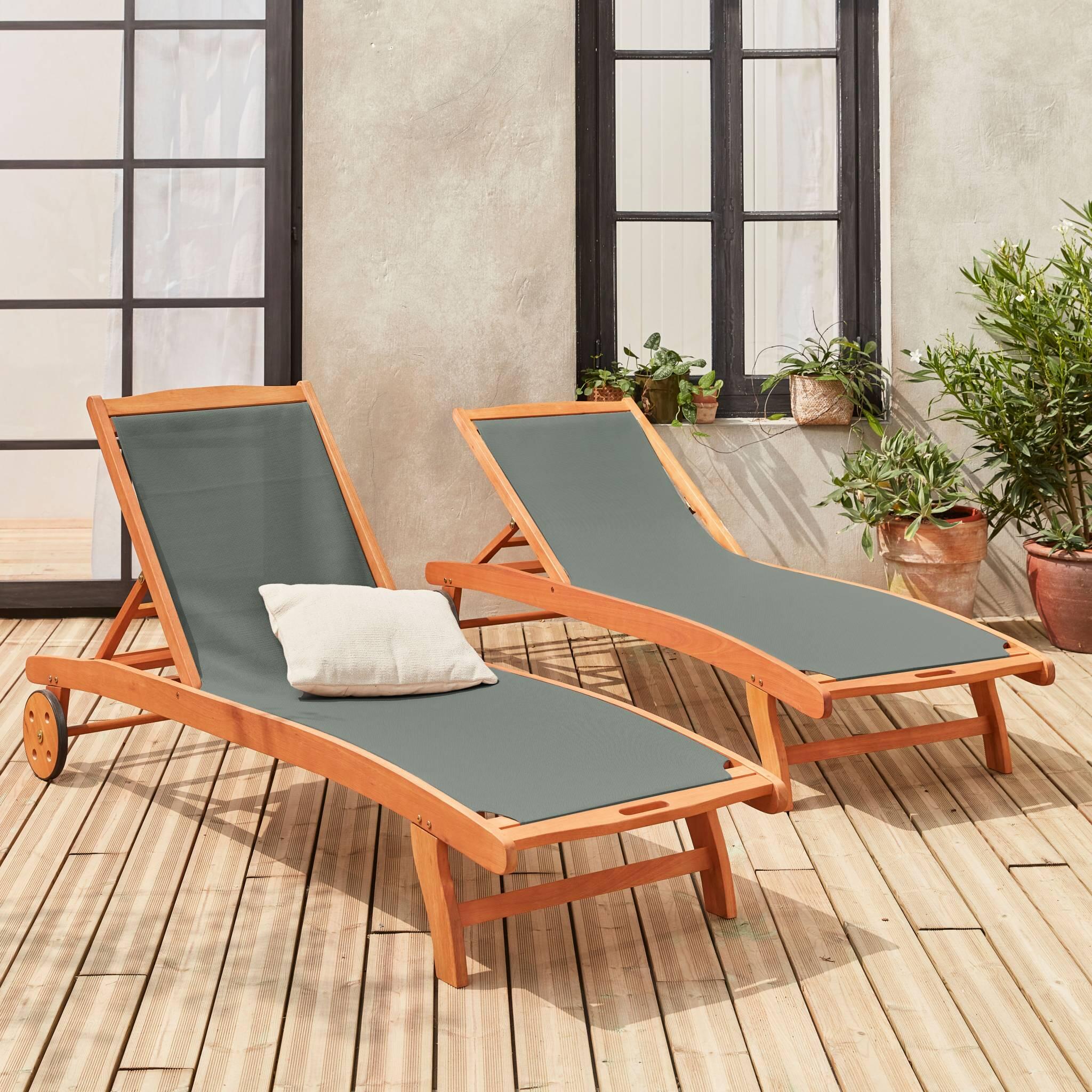Tumbona de madera multiposición con ruedas, set de 2, Verde kaki 2/6