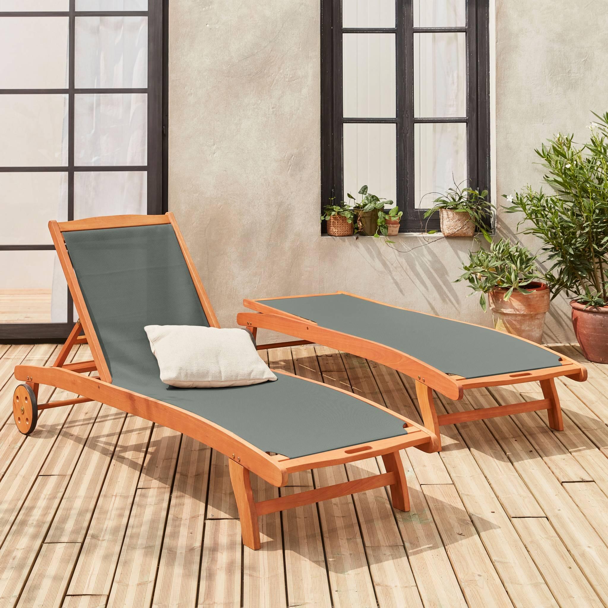 Tumbona de madera multiposición con ruedas, set de 2, Verde kaki 3/6