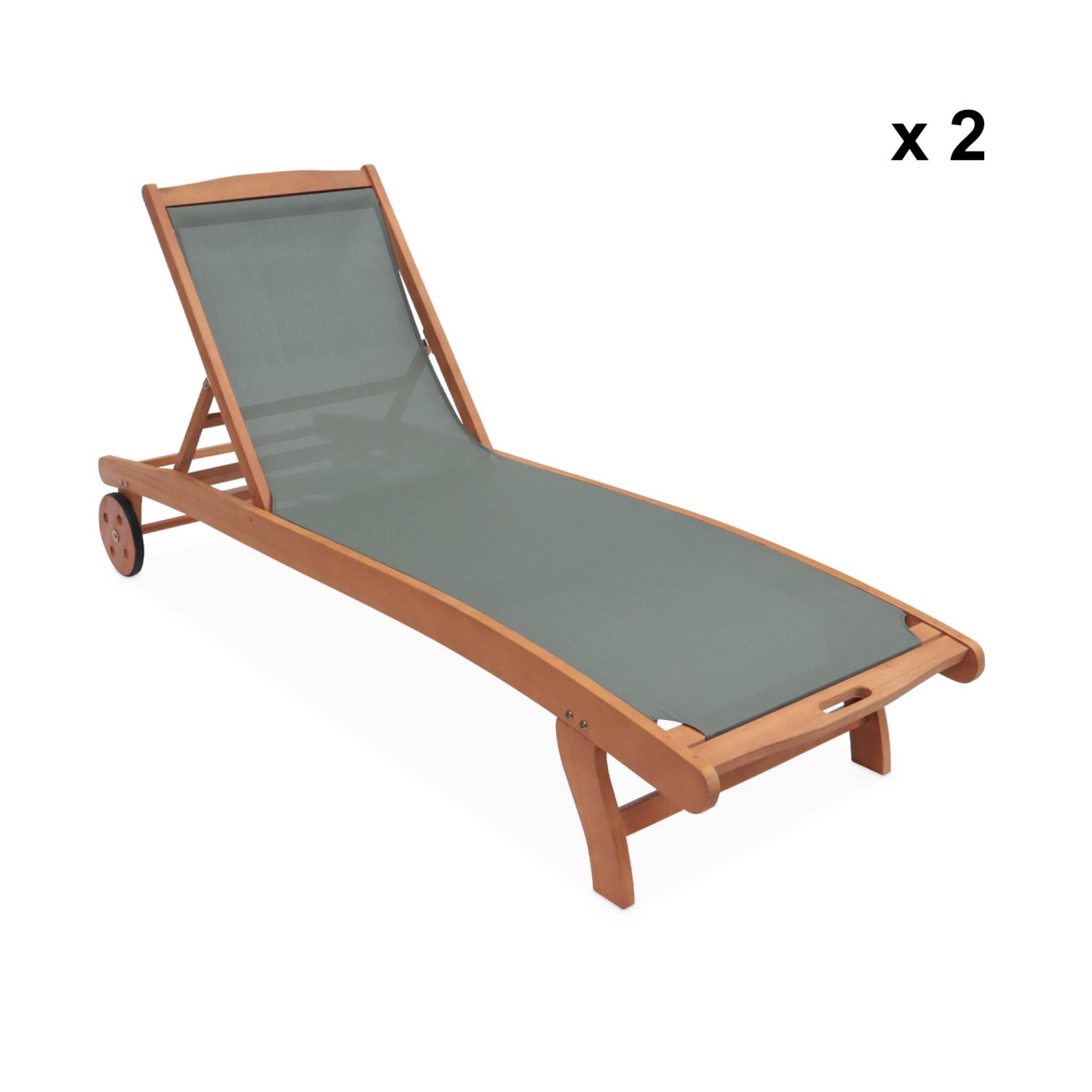 Tumbona de madera multiposición con ruedas, set de 2, Verde kaki 4/6