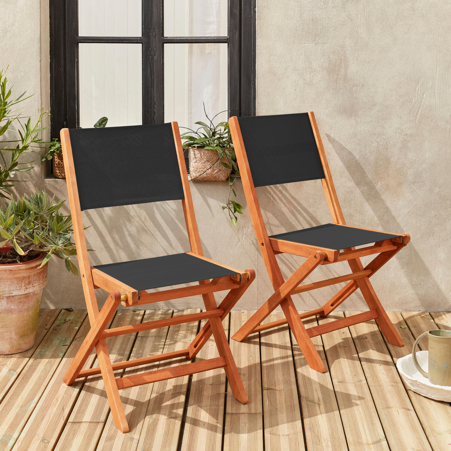 Cadeira de jardim dobrável em madeira, set de 2, Preto