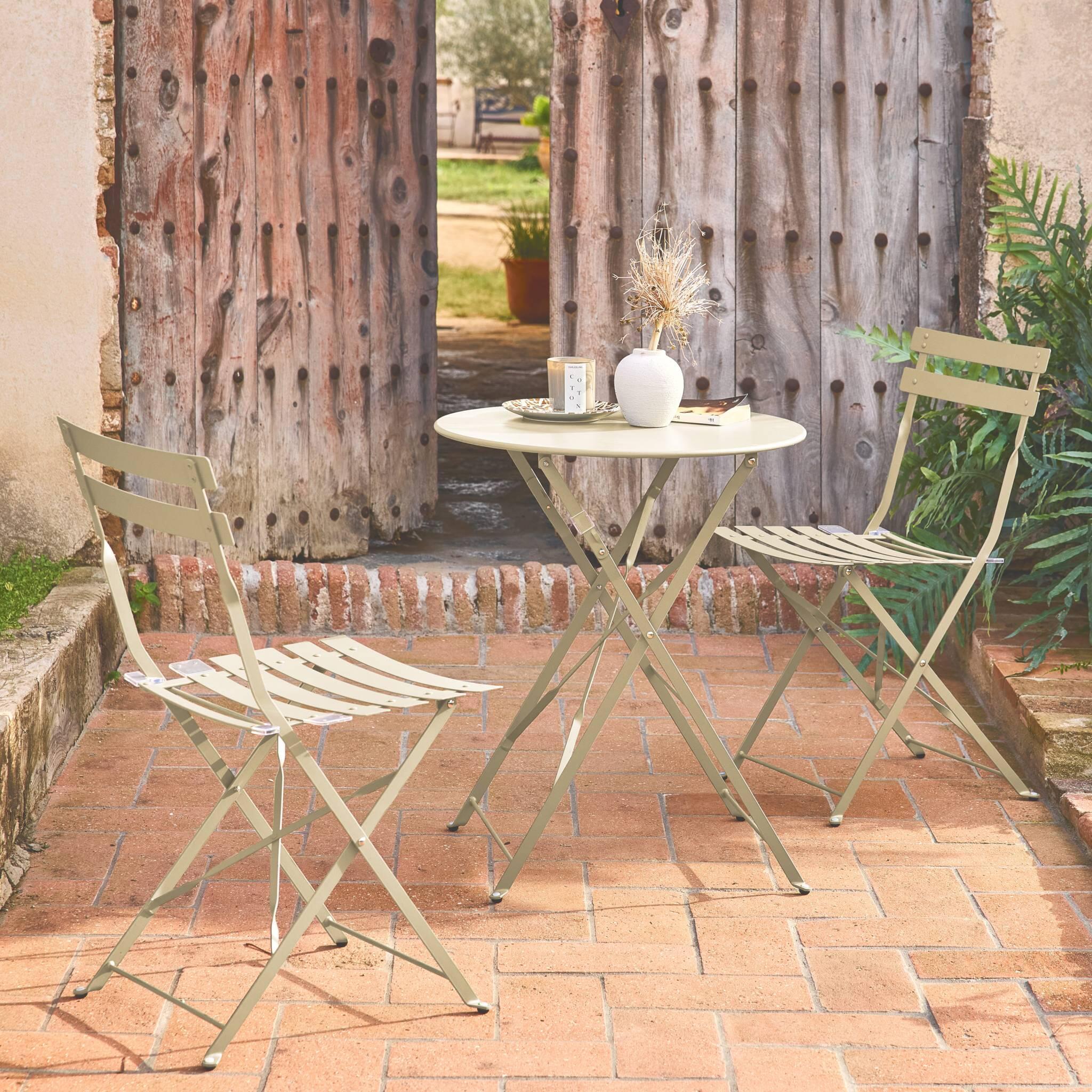 Mesa de jardim bistrô dobrável em metal, 2 cadeiras, Beige 2/6