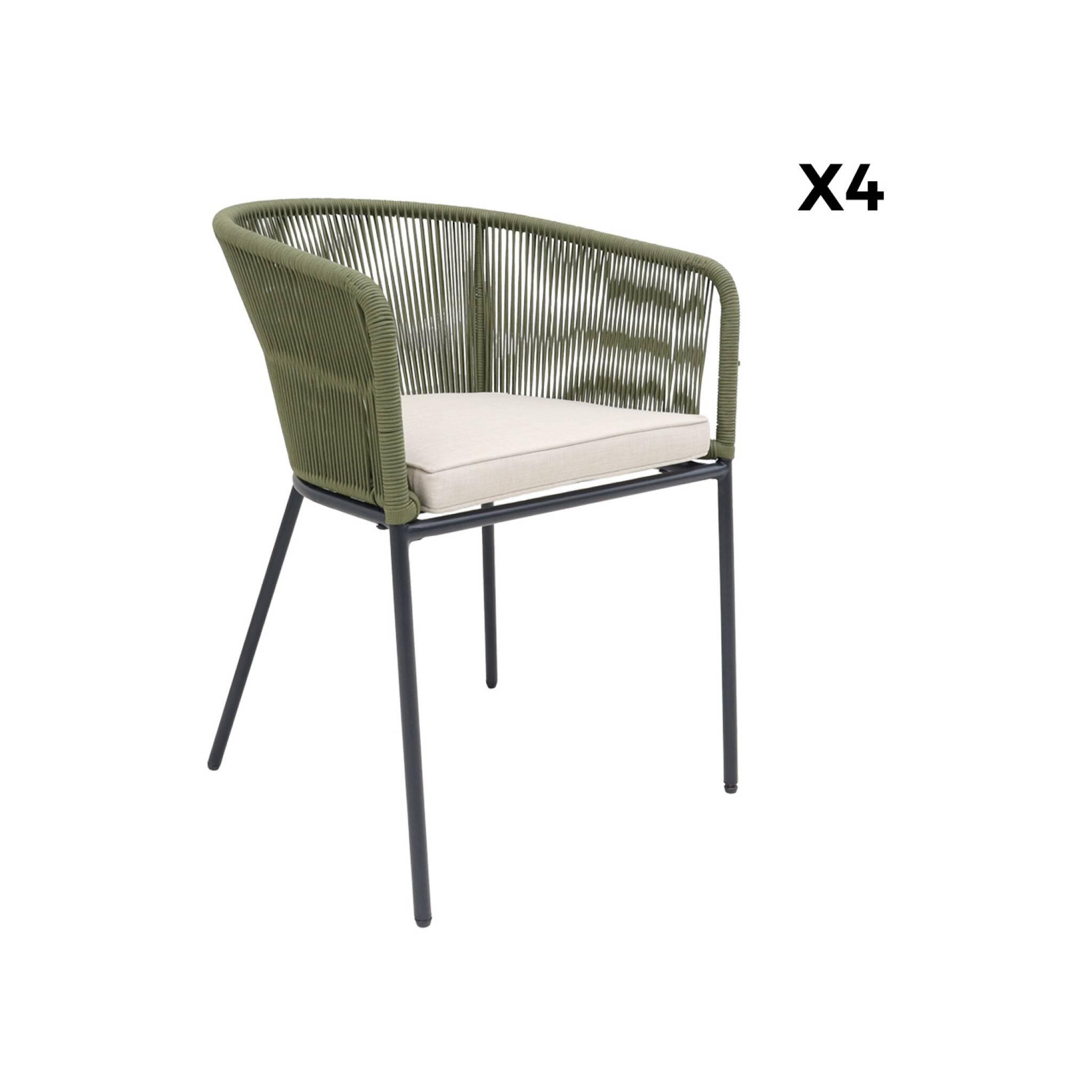 Sillón de jardín de cuerda y acero galvanizado, set de 4, Verde kaki 6/6