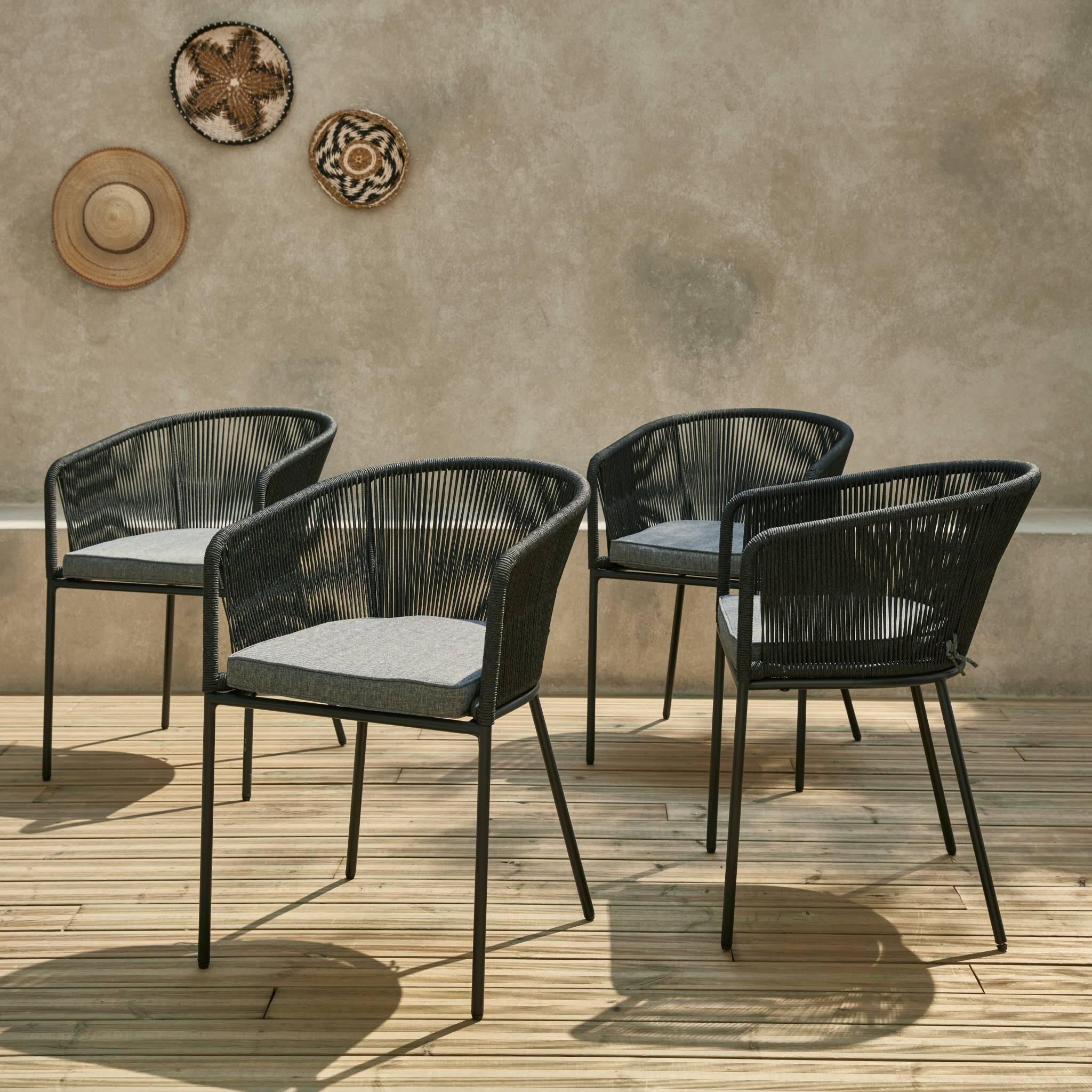 Sillón de jardín de cuerda y acero galvanizado, set de 4, Negro 3/6