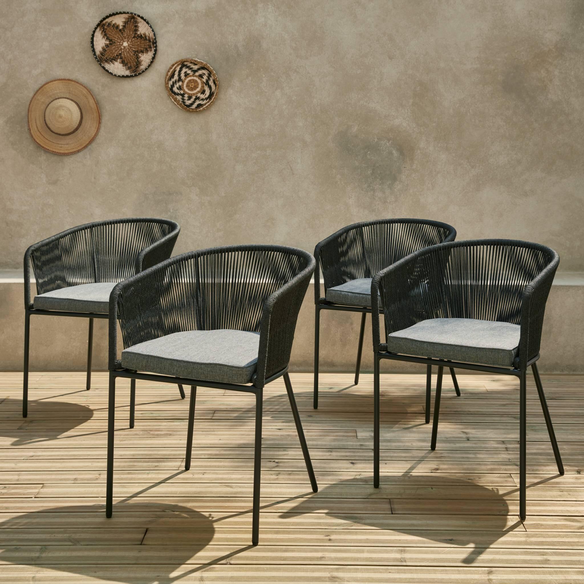 Sillón de jardín de cuerda y acero galvanizado, set de 4, Negro 2/6
