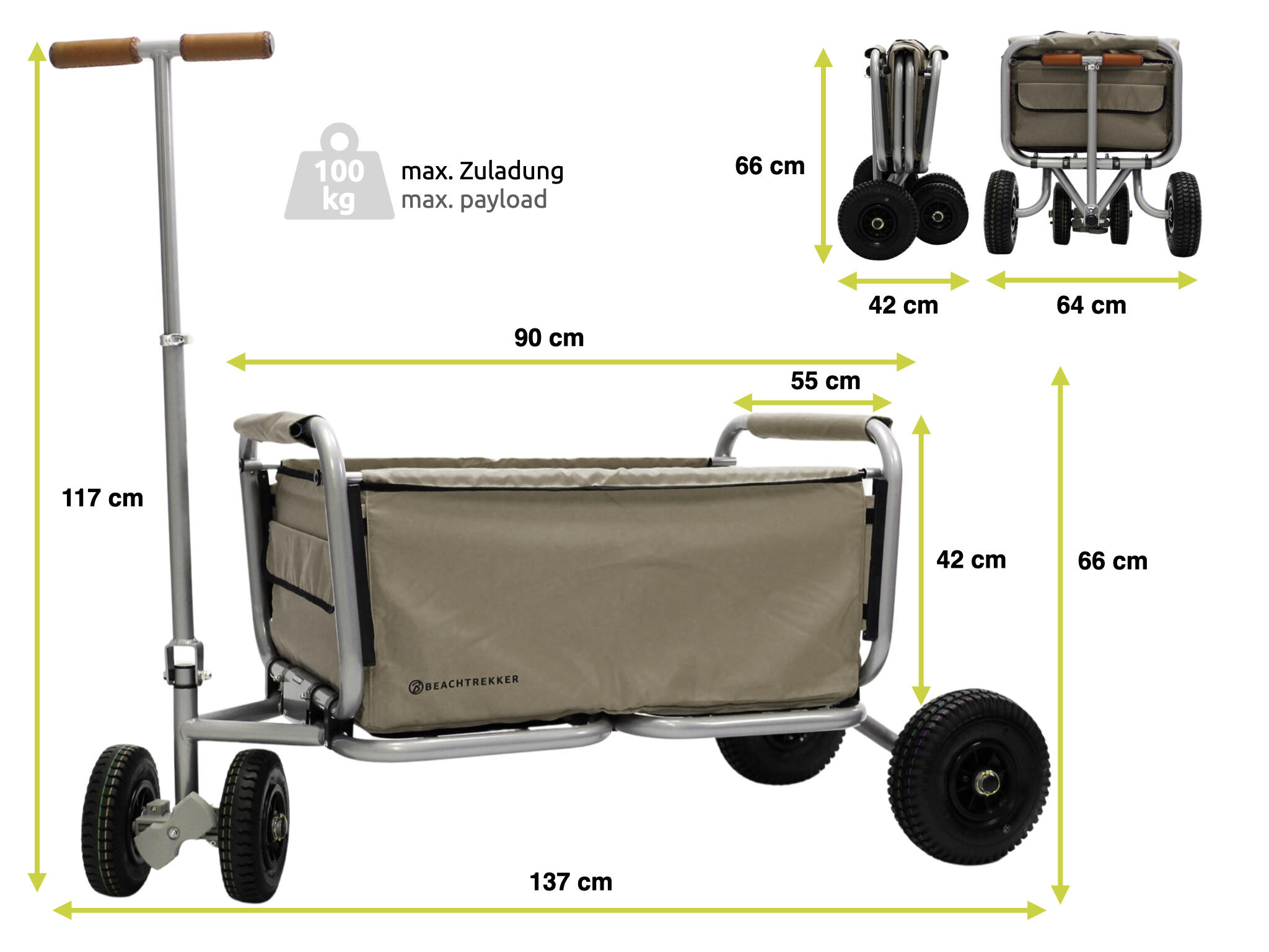 Beachtrekker LiFe faltbarer Bollerwagen + Feststellbremse PU-Reifen (Beige) 3/7