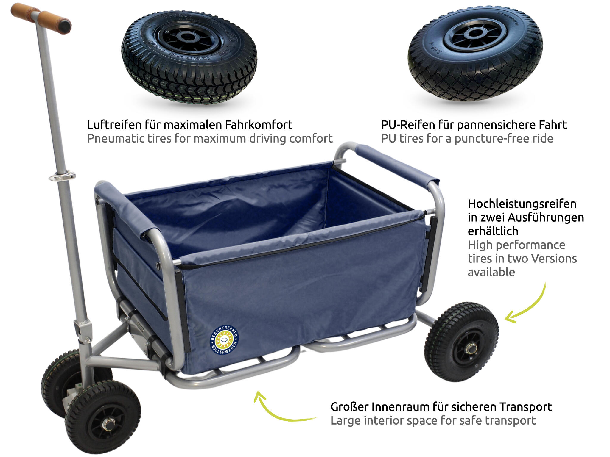 Beachtrekker LiFe faltbarer Bollerwagen + Feststellbremse mit PU-Reifen (Blau) 4/7
