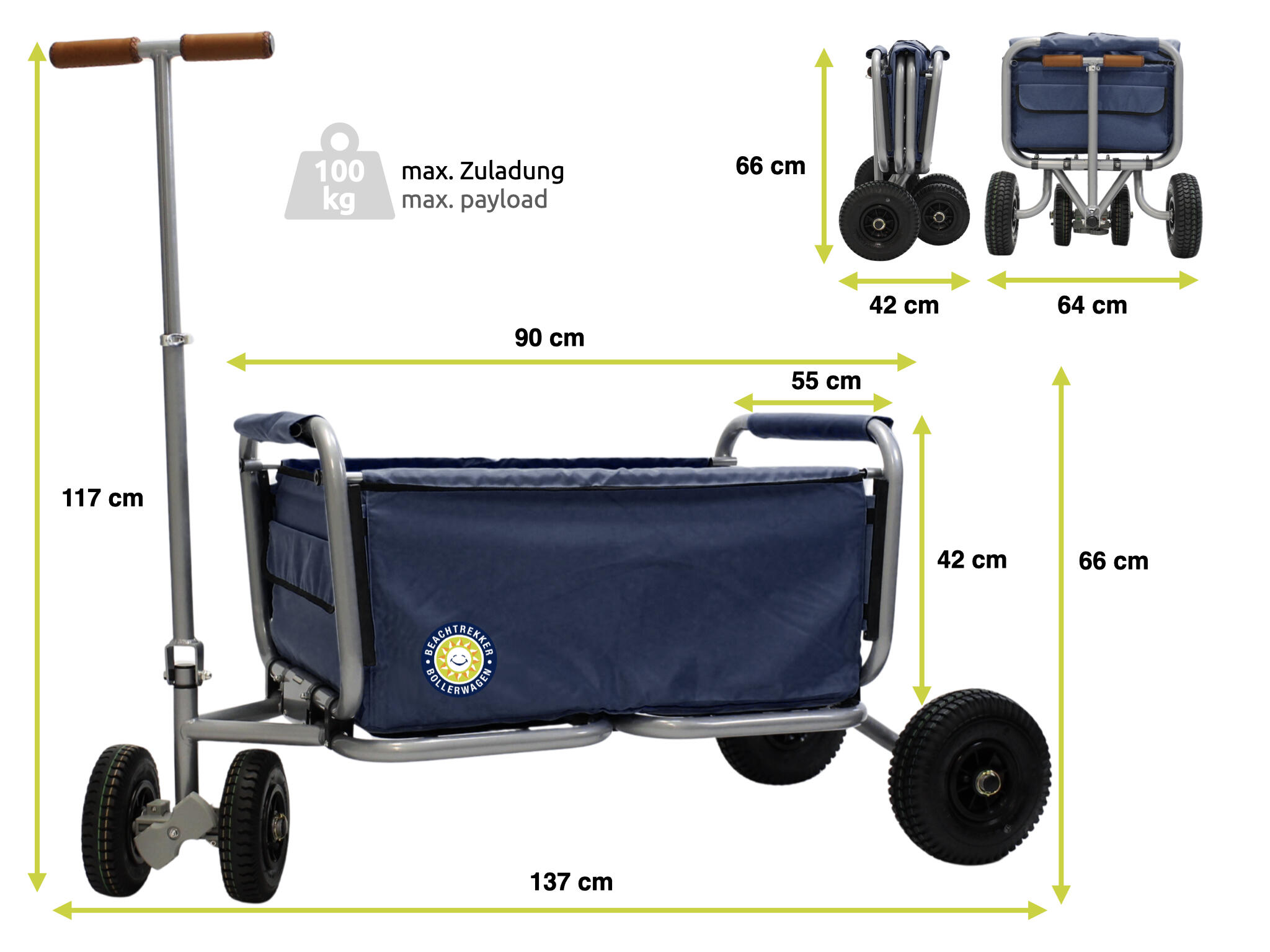Beachtrekker LiFe faltbarer Bollerwagen + Feststellbremse mit PU-Reifen (Blau) 3/7