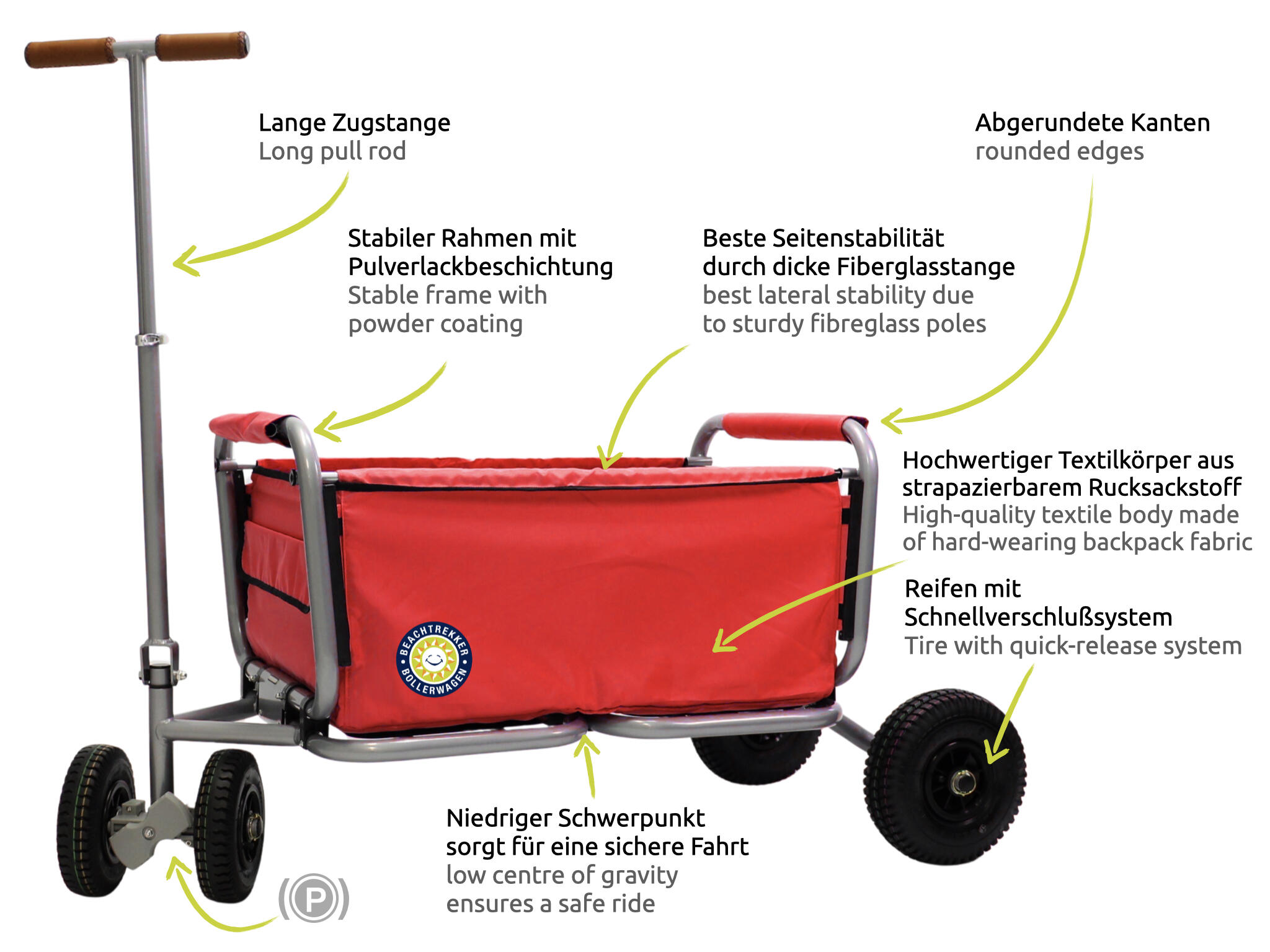 Beachtrekker LiFe faltbarer Bollerwagen + Feststellbremse mit PU-Reifen (Rot) 2/7