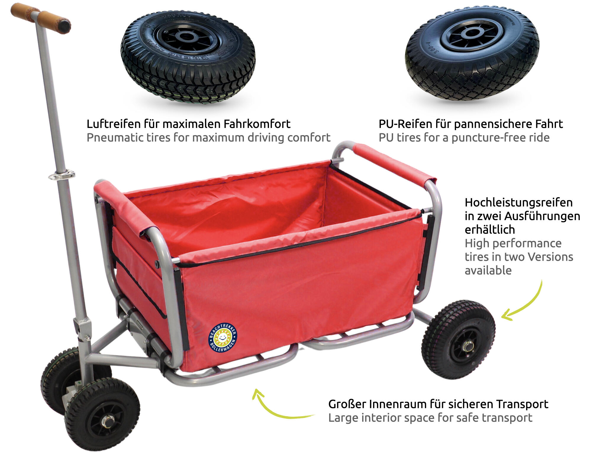 Beachtrekker LiFe faltbarer Bollerwagen + Feststellbremse mit PU-Reifen (Rot) 4/7