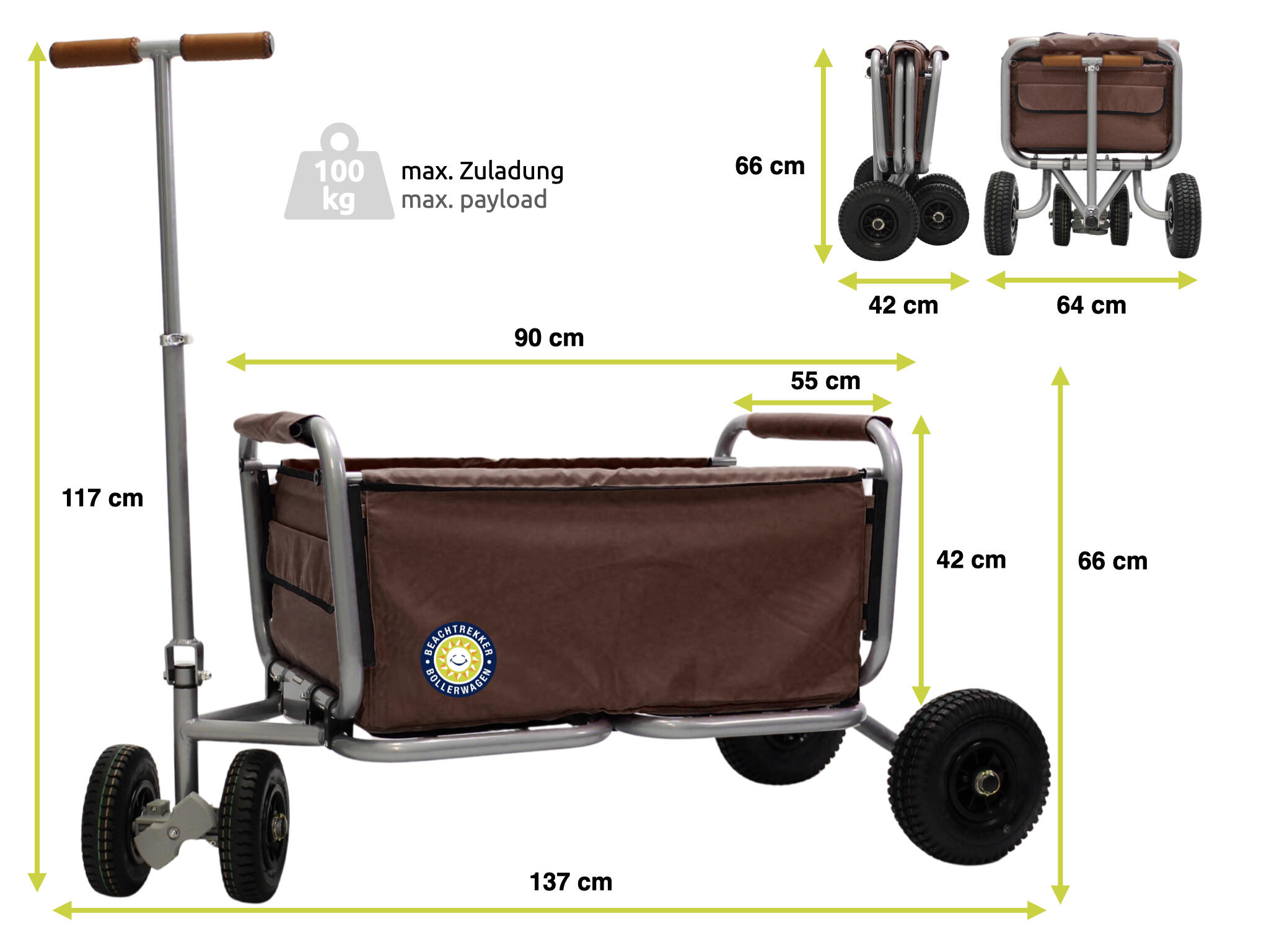 Beachtrekker LiFe faltbarer Bollerwagen + Feststellbremse mit Pu-Reifen (Braun) 3/7