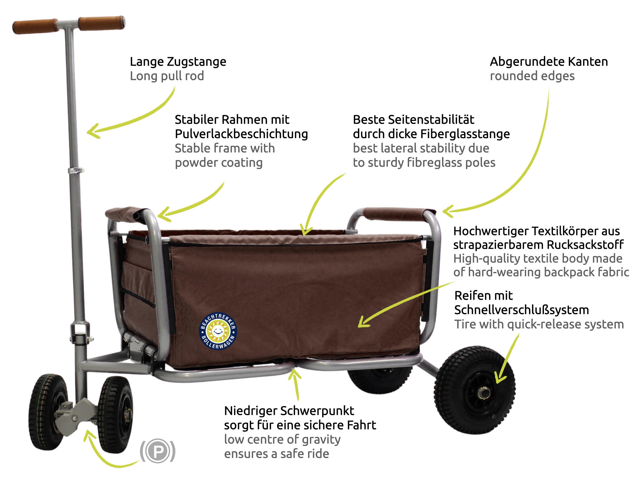 Beachtrekker LiFe faltbarer Bollerwagen + Feststellbremse mit Pu-Reifen (Braun) 2/7