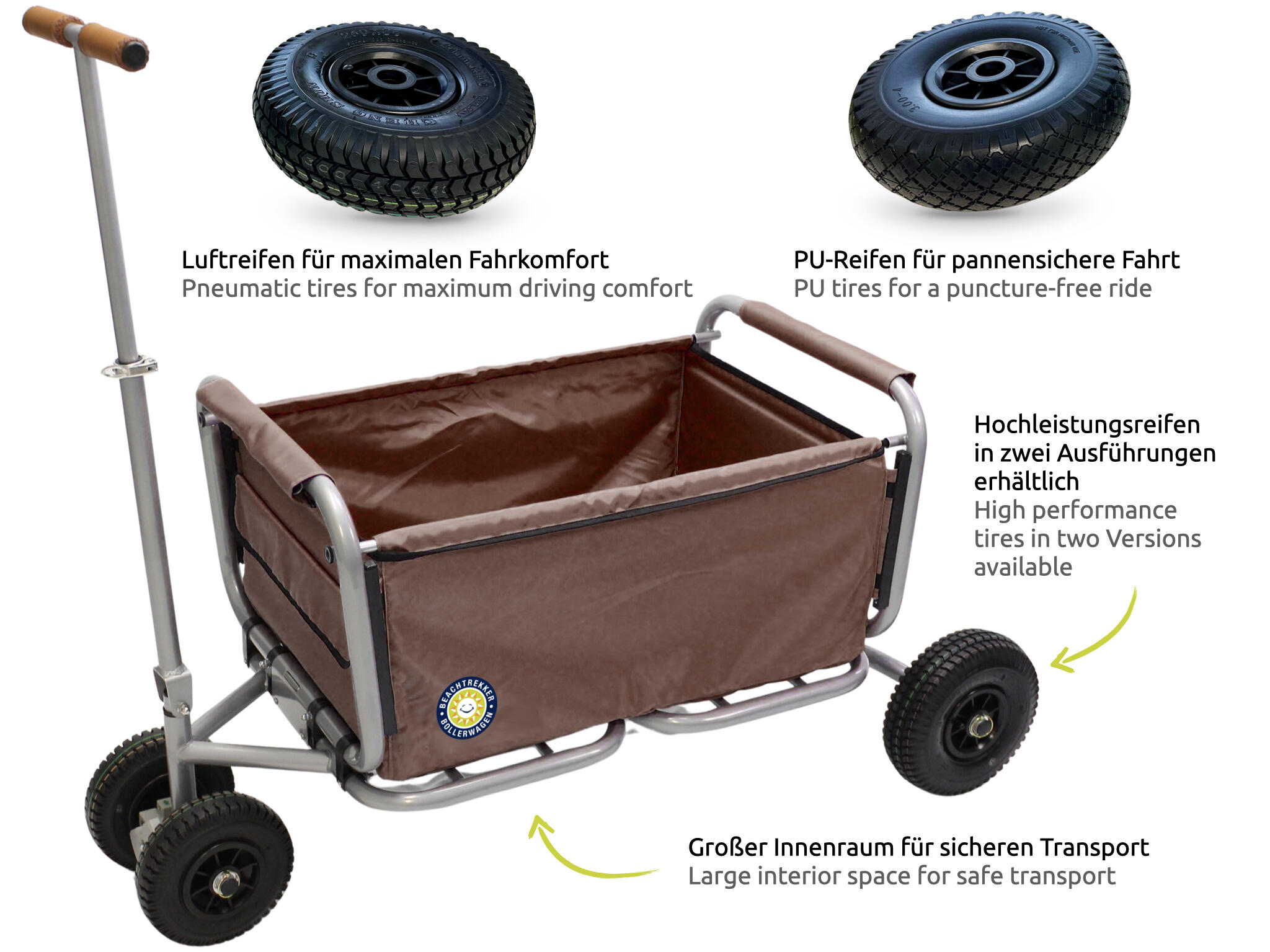 Beachtrekker LiFe faltbarer Bollerwagen + Feststellbremse mit Pu-Reifen (Braun) 4/7