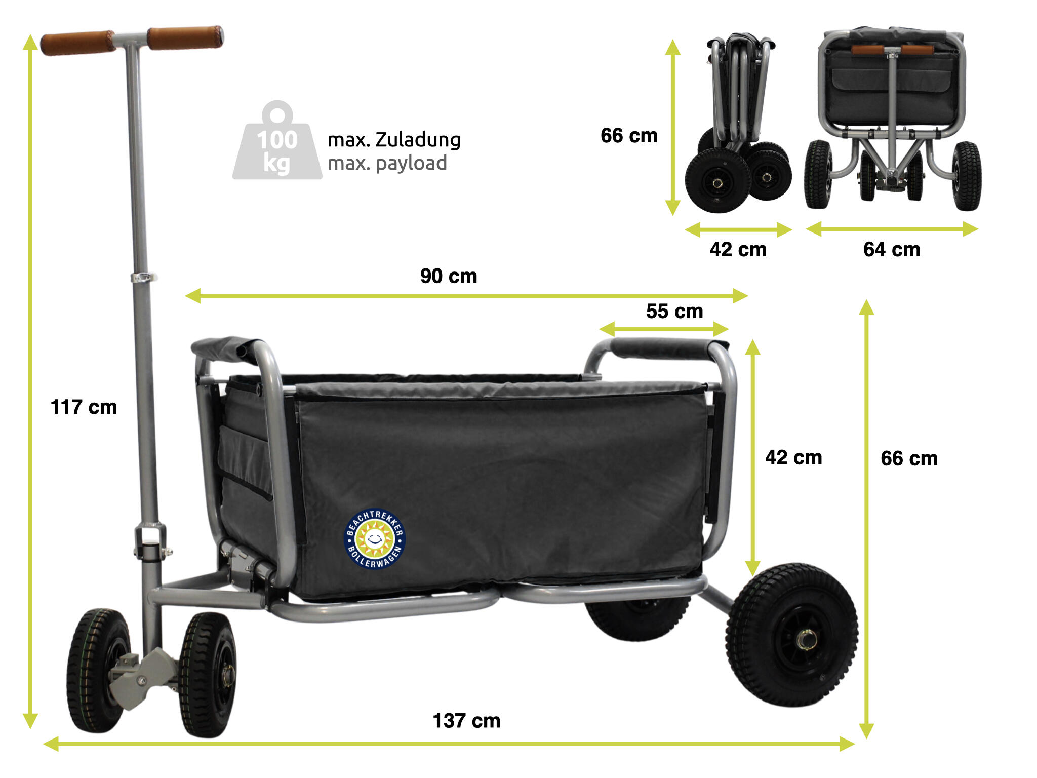 Beachtrekker LiFe faltbarer Bollerwagen + Feststellbremsemit PU-Reifen (Schwarz) 3/7
