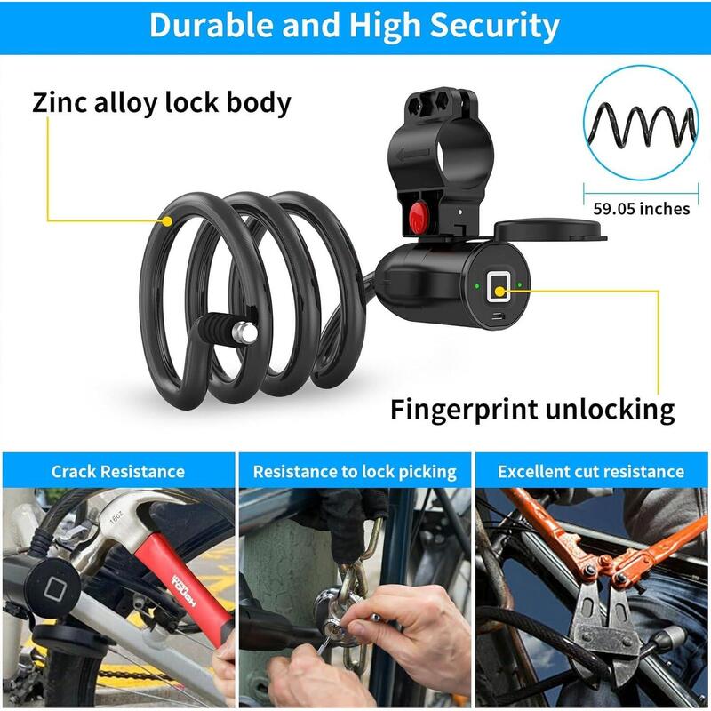 Cablu antifurt biometric pentru bicicletă, motocicletă, scuter, lungime 150 cm,