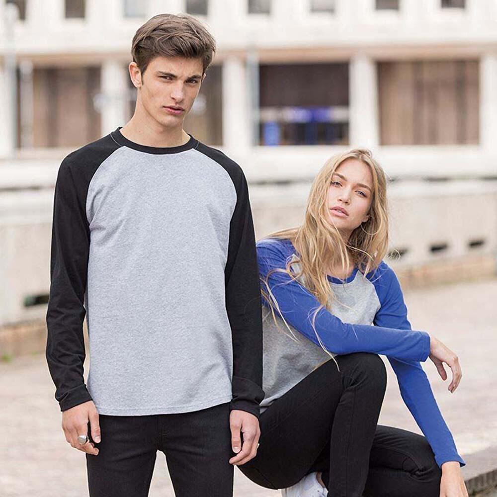 Skinnifit Mens Raglan Long Sleeve Baseball TShirt (Heather Grey / Black) 3/3
